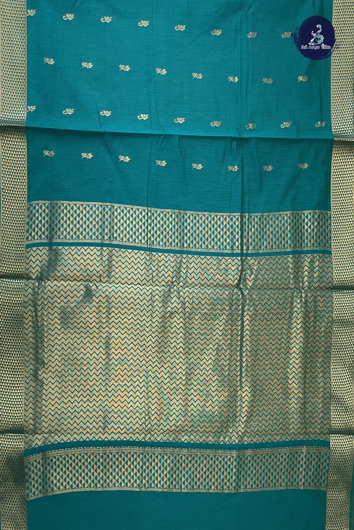 Sapphire Green Madisar Semi Silk Cotton Saree With Zari Buttas Pattern