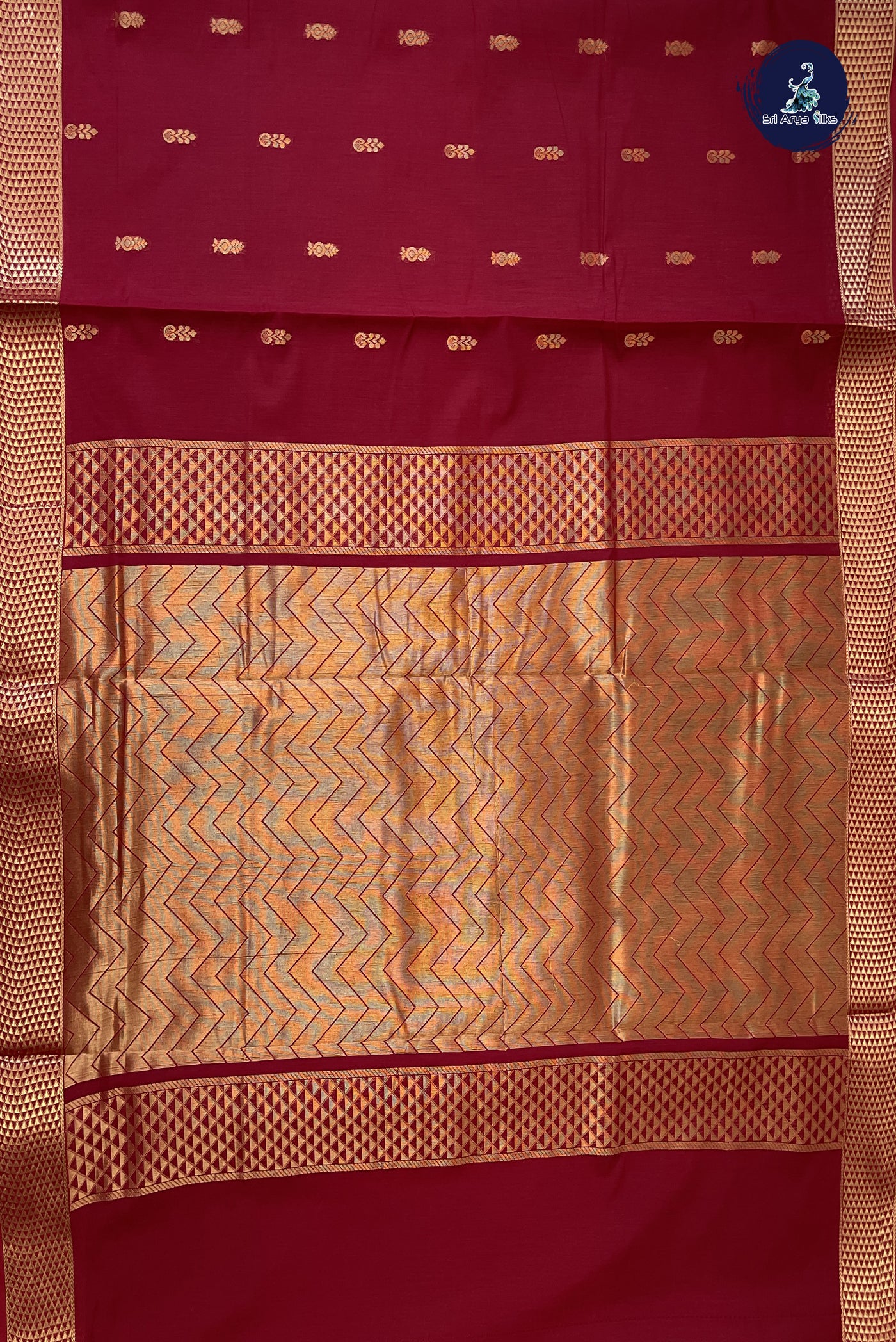 Maroon Madisar Semi Silk Cotton Saree With Zari Buttas Pattern