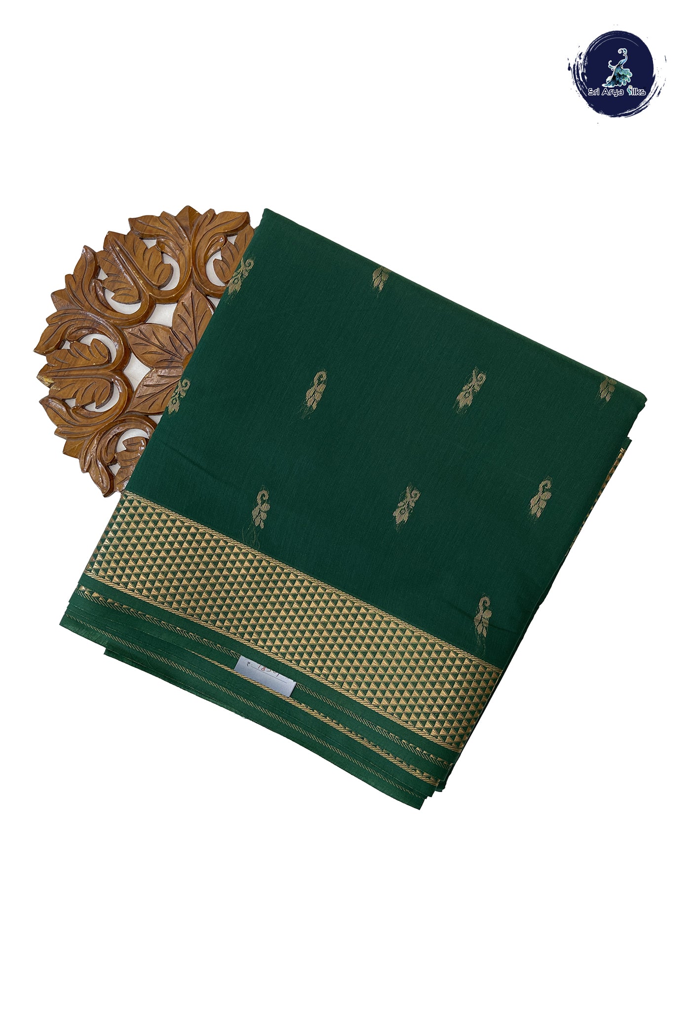 Dark Green Madisar Semi Silk Cotton Saree With Zari Buttas Pattern