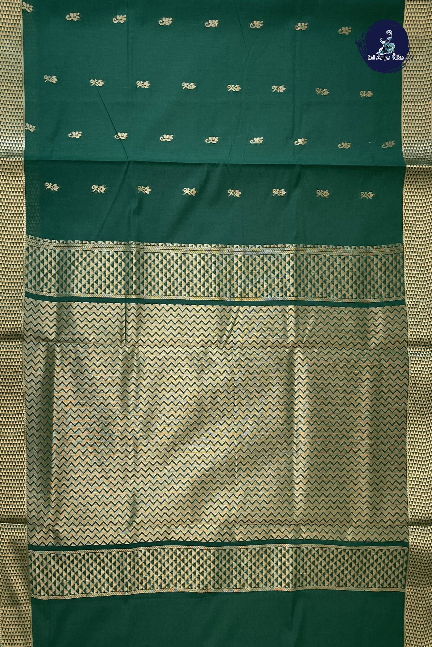 Dark Green Madisar Semi Silk Cotton Saree With Zari Buttas Pattern