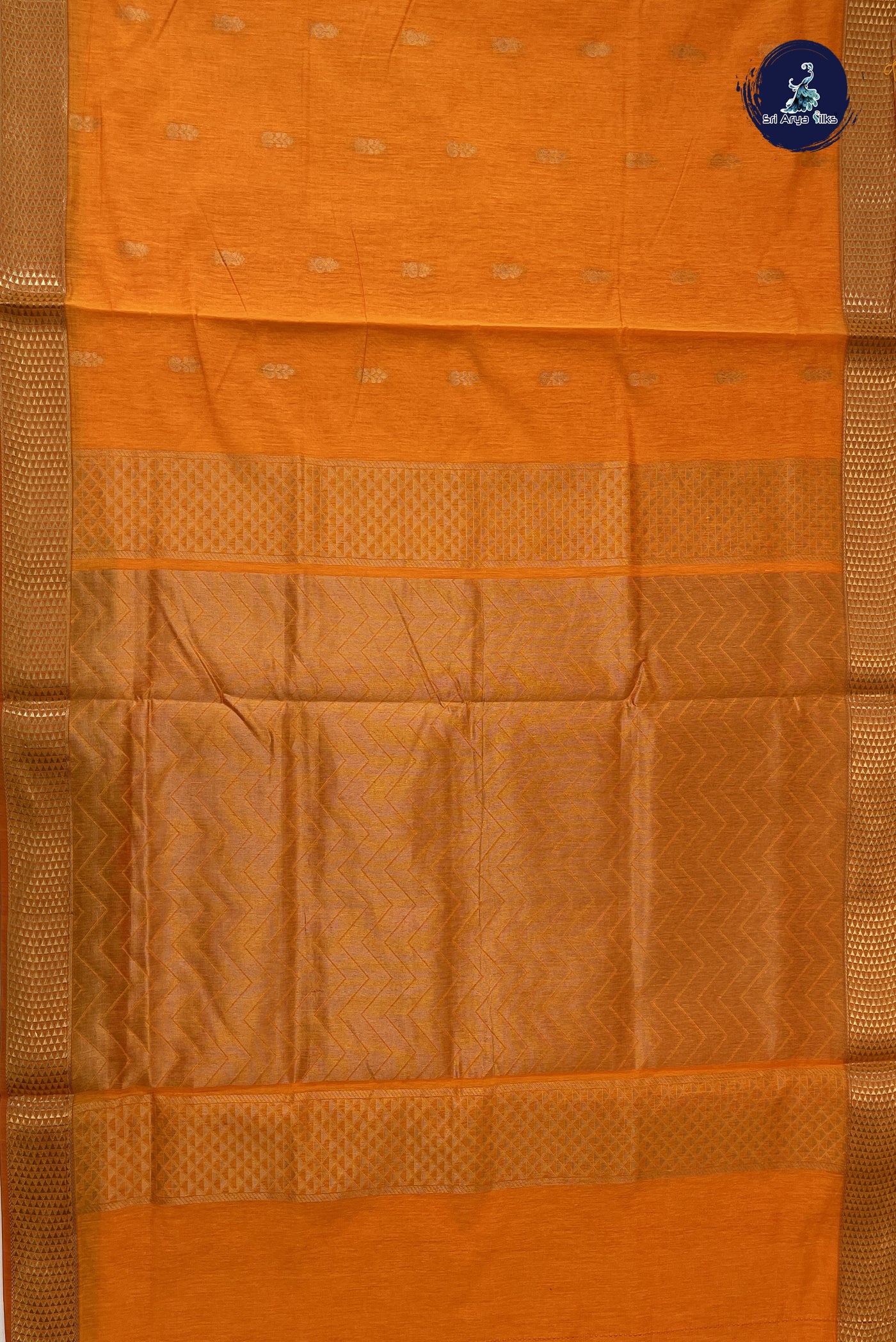 Yellowish Orange Madisar Semi Silk Cotton Saree With Zari Buttas Pattern