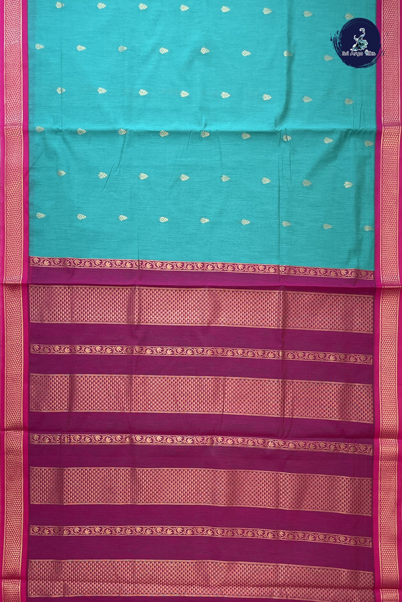 Turquoise Madisar Semi Silk Cotton Saree With Zari Buttas Pattern