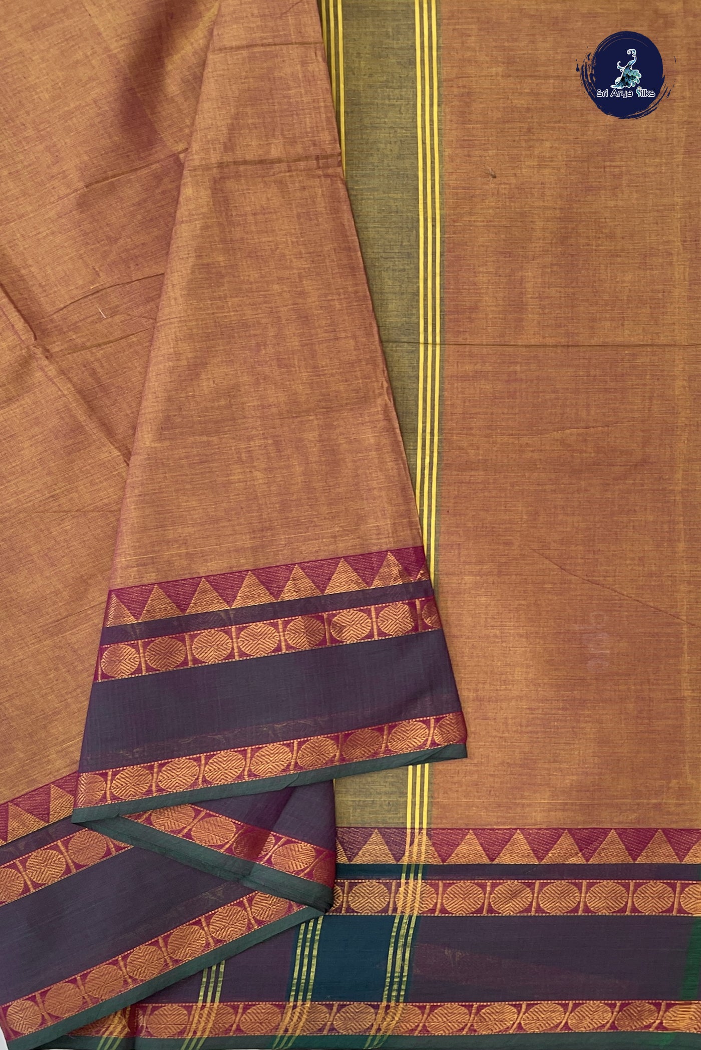 Golden Brown 10 Yards Madisar Cotton Saree With Plain Pattern