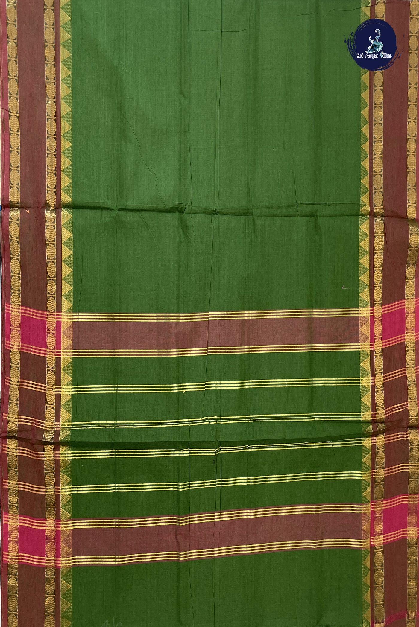 Green 10 Yards Madisar Cotton Saree With Plain Pattern