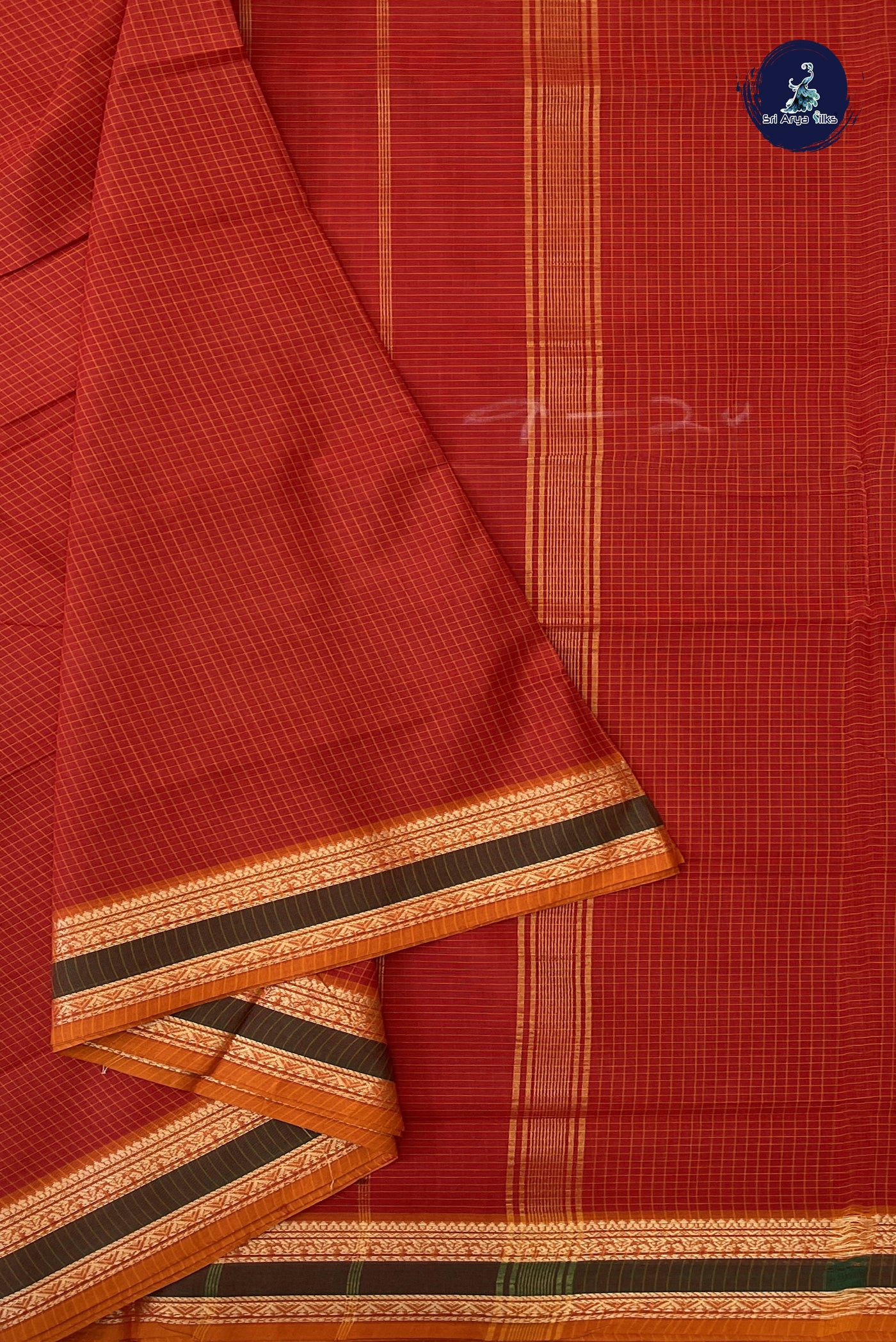 Reddish Orange 10 Yards Madisar Cotton Saree With Zari Checked Pattern