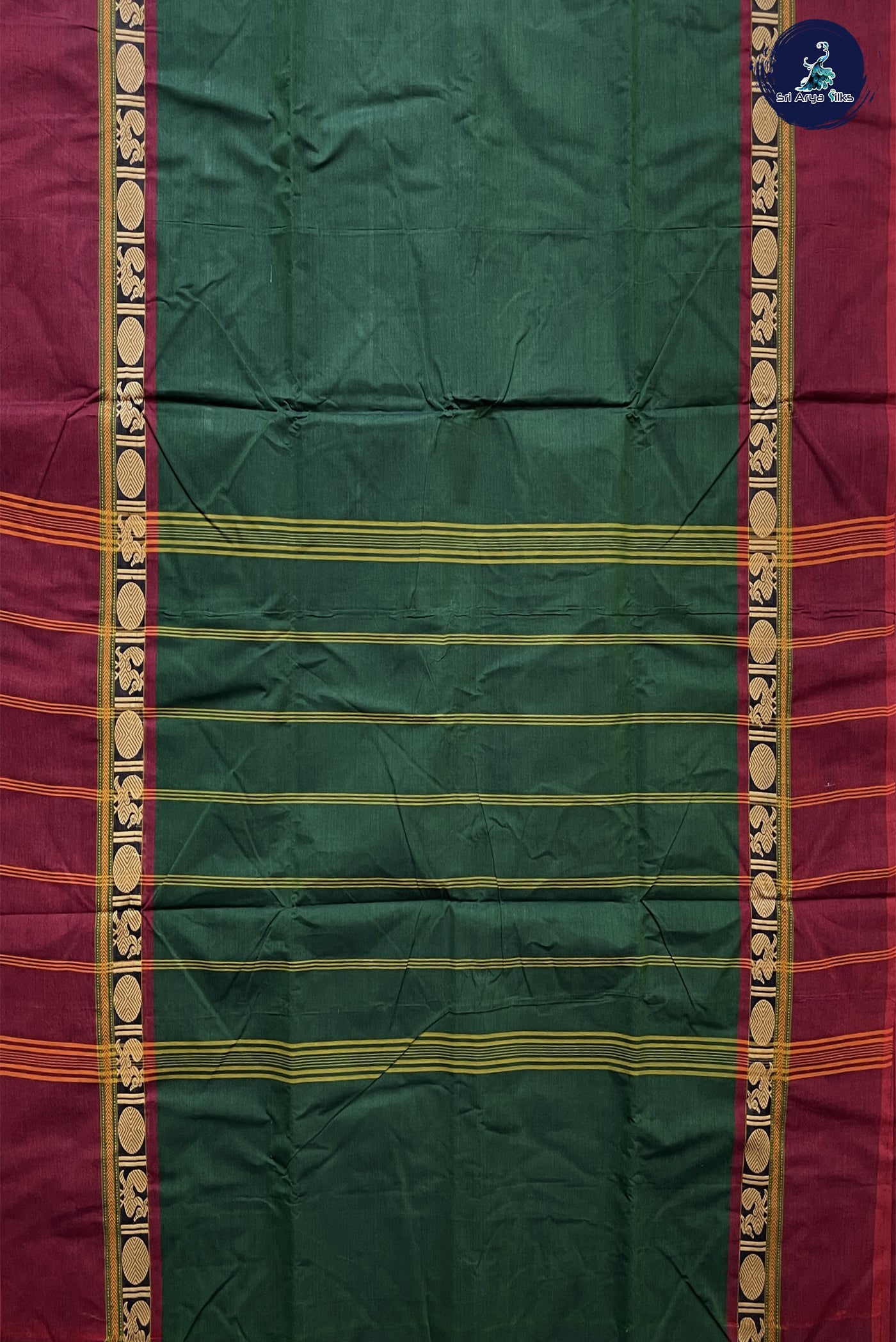 Bottle Green 10 Yards Madisar Cotton Saree With Plain Pattern