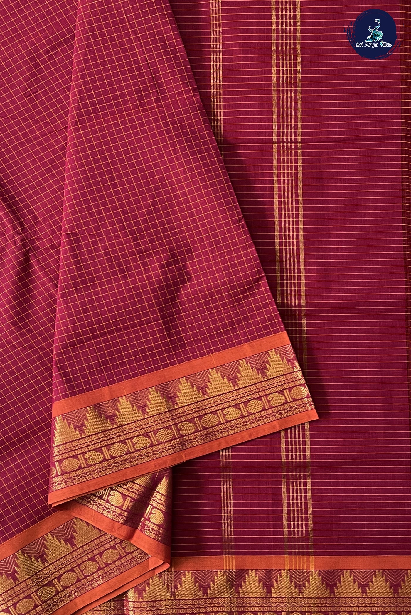 Dark Pink 10 Yards Madisar Cotton Saree With Checked Pattern