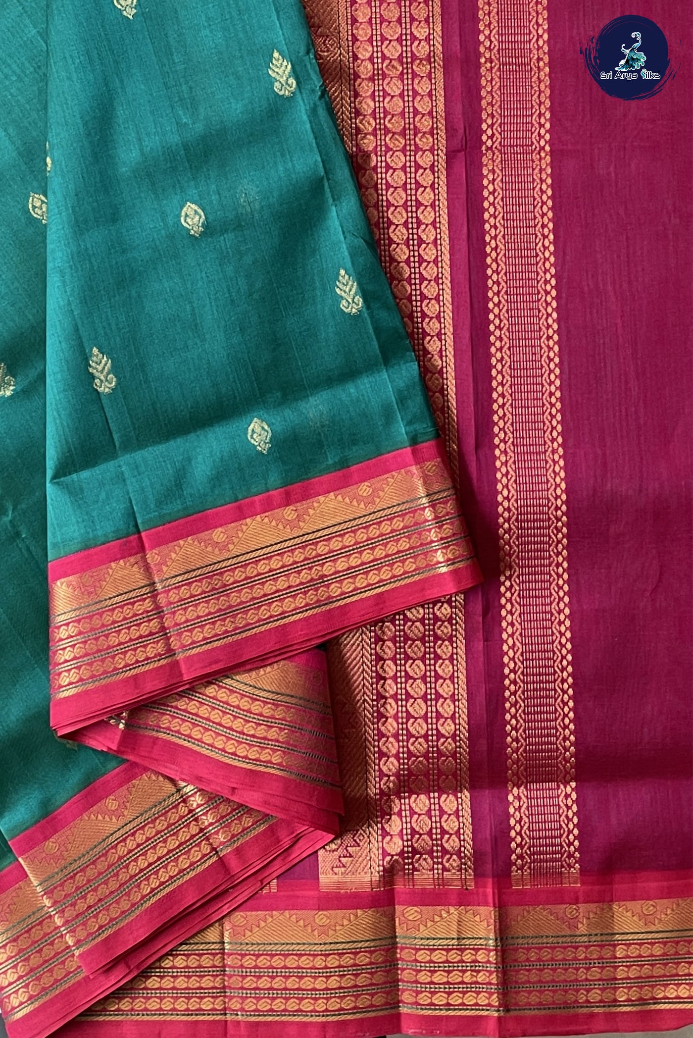 Sapphire Green 10 Yards Silk Cotton Saree With Zari Buttas Pattern