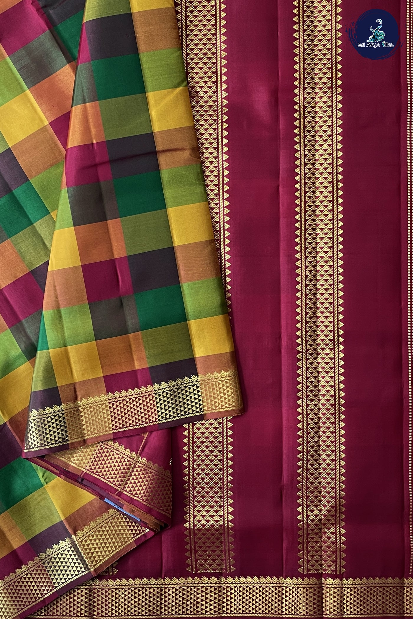 Multi Madisar 10 Yards Silk Saree With Checked Pattern