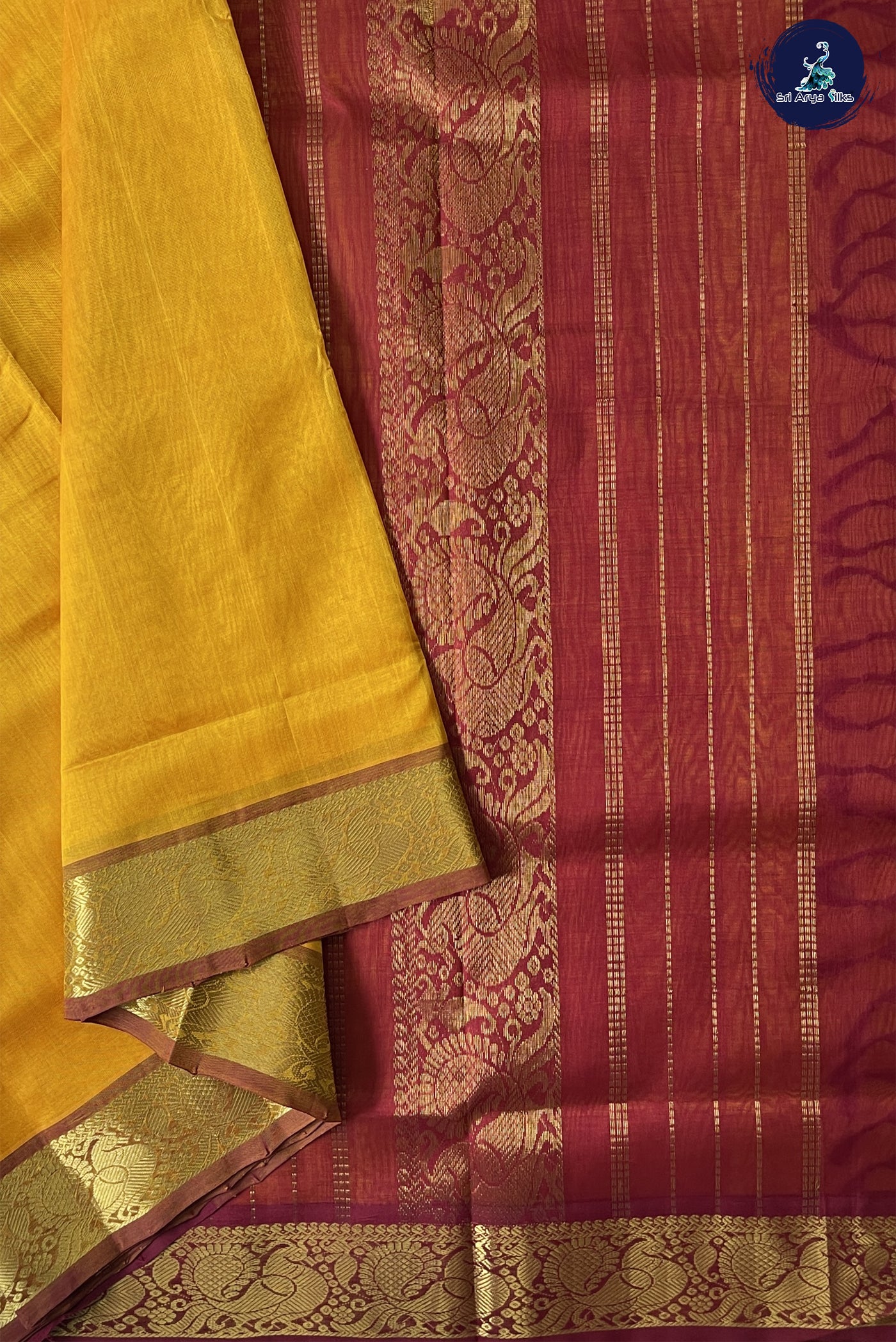 Mango Yellow Madisar Silk Cotton Saree With Plain Pattern
