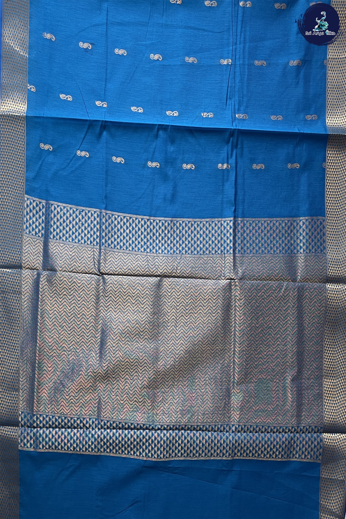Peacock Blue Madisar Semi Silk Cotton Saree With Buttas Pattern
