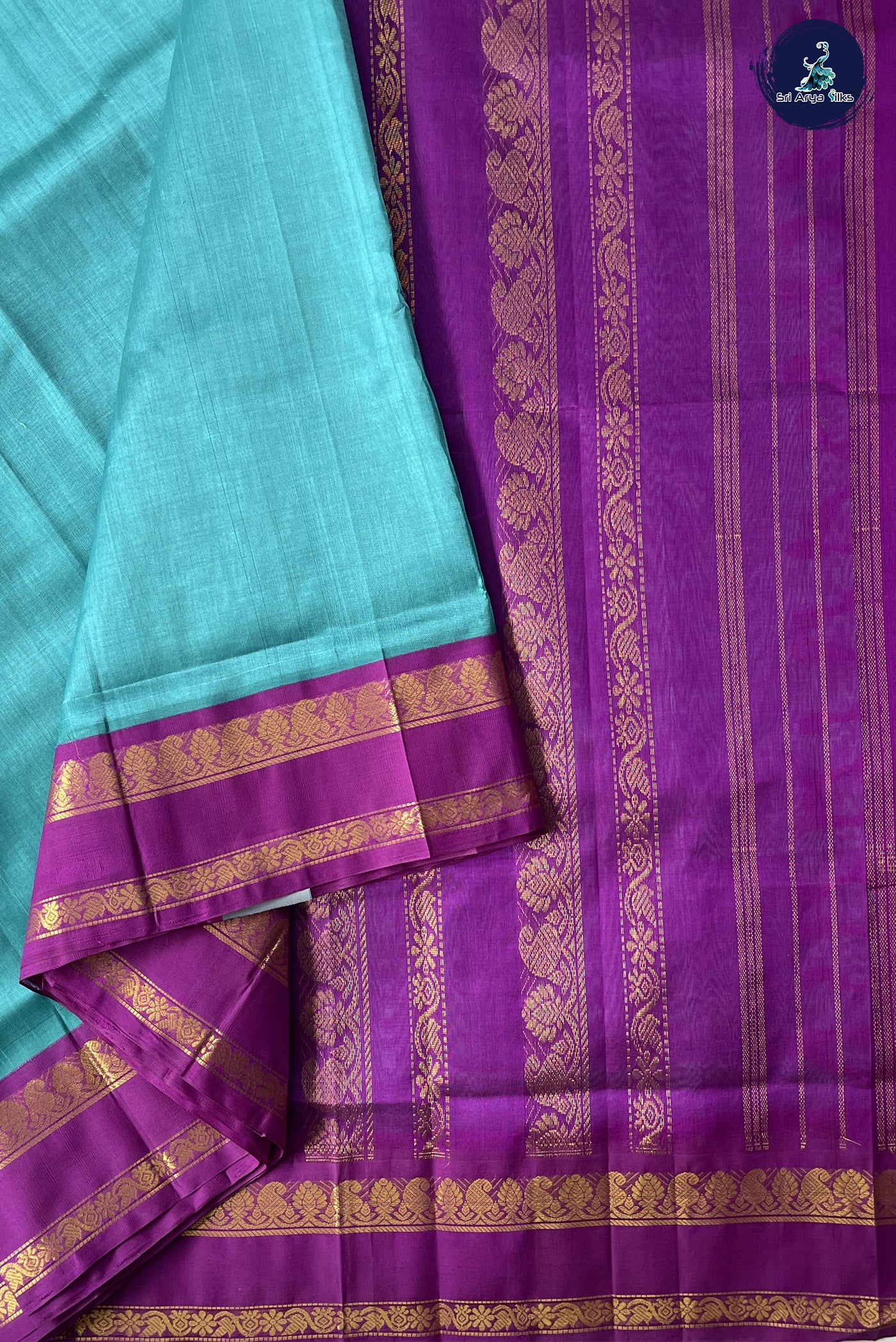 Sea Blue 10 Yards Silk Cotton Saree With Plain Pattern