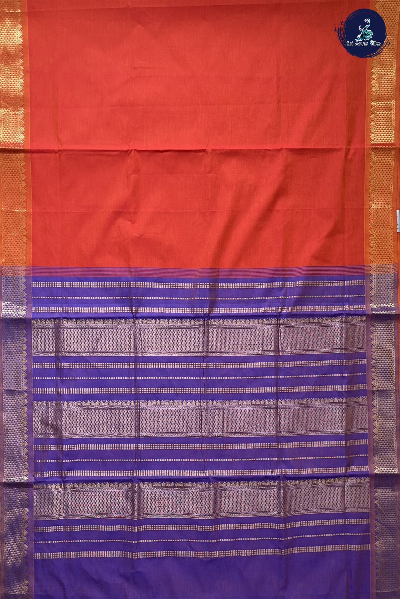 Brick Orange Madisar Semi Silk Cotton Saree With Plain Pattern