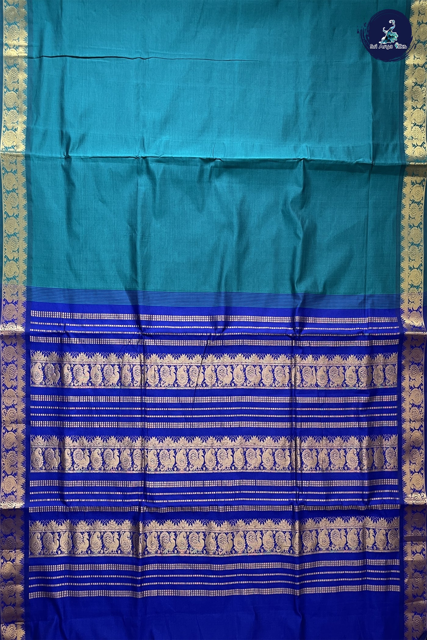Teal Madisar Semi Silk Cotton Saree With Plain Pattern
