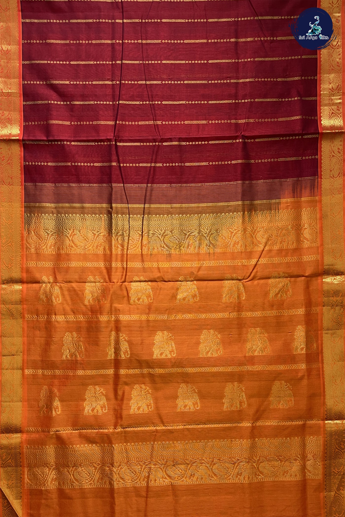 Rust Madisar Silk Cotton Saree With Stripes Pattern