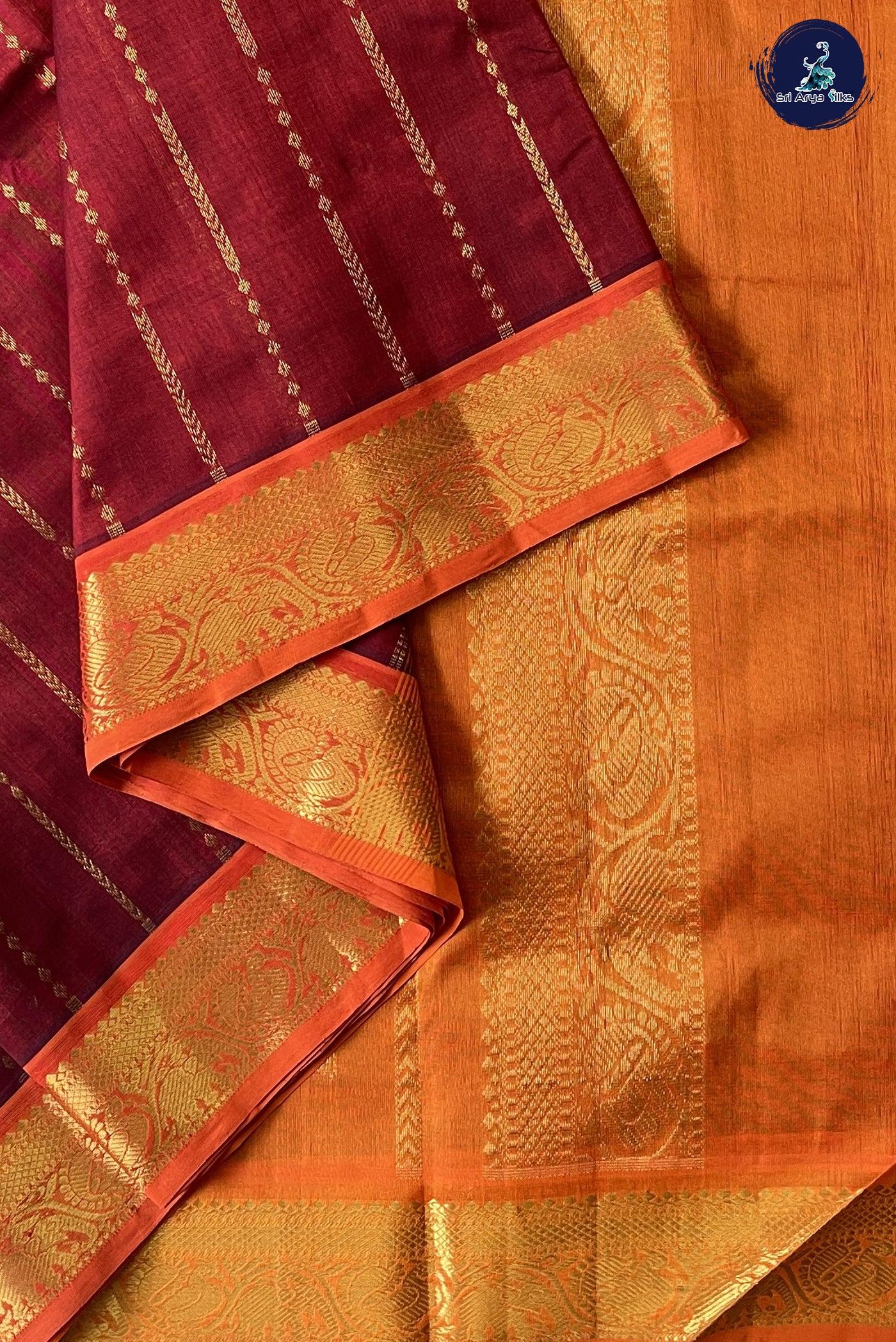 Rust Madisar Silk Cotton Saree With Stripes Pattern