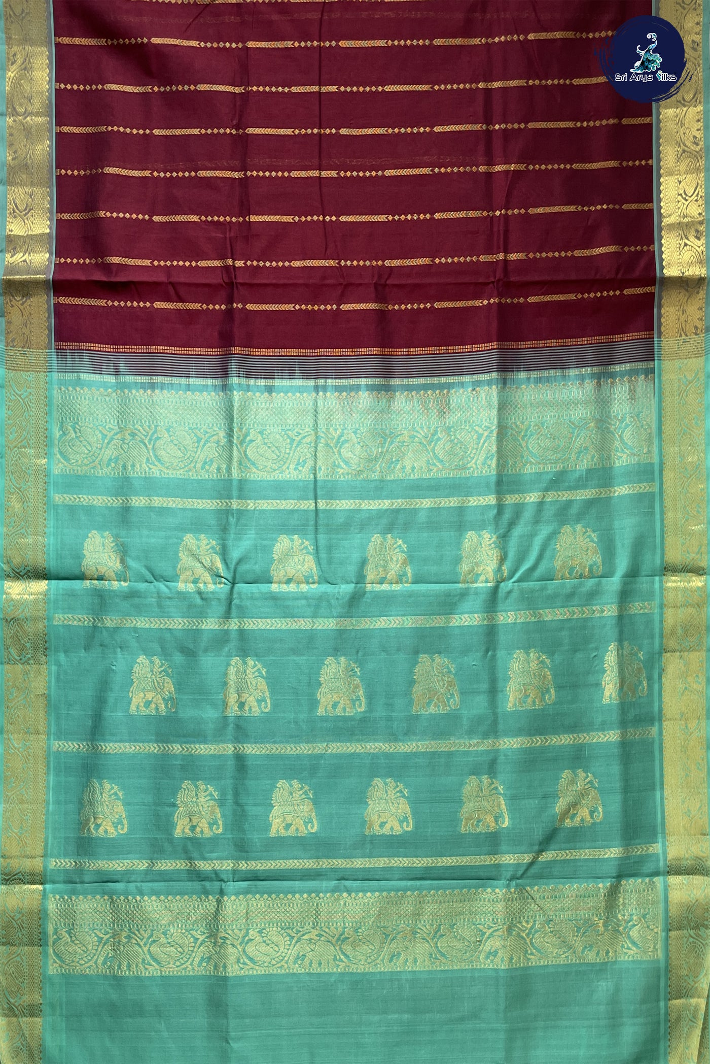 Maroon Madisar Silk Cotton Saree With Stripes Pattern