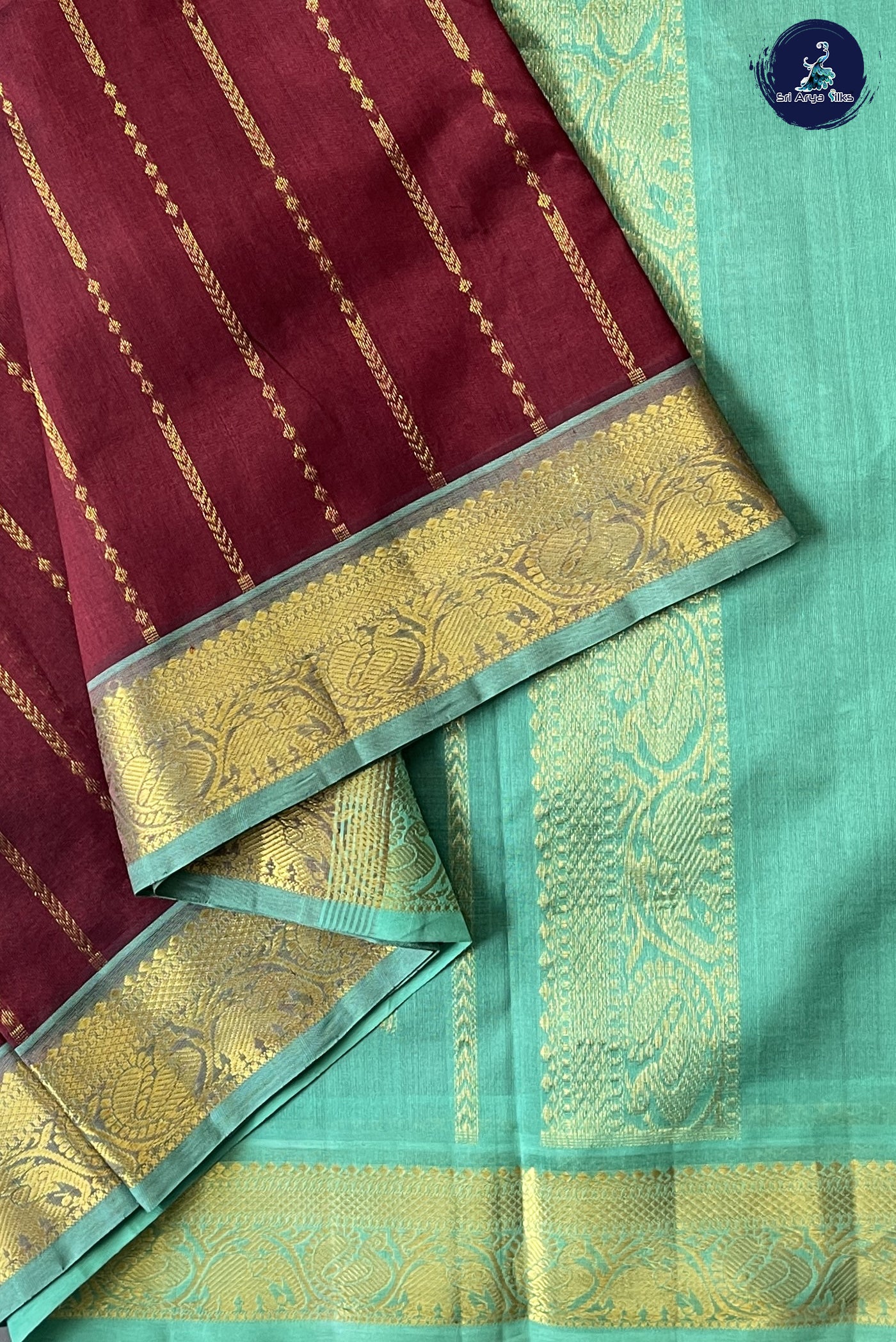 Maroon Madisar Silk Cotton Saree With Stripes Pattern