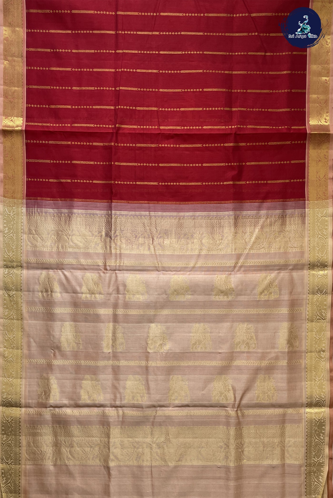 Red Madisar Silk Cotton Saree With Stripes Pattern