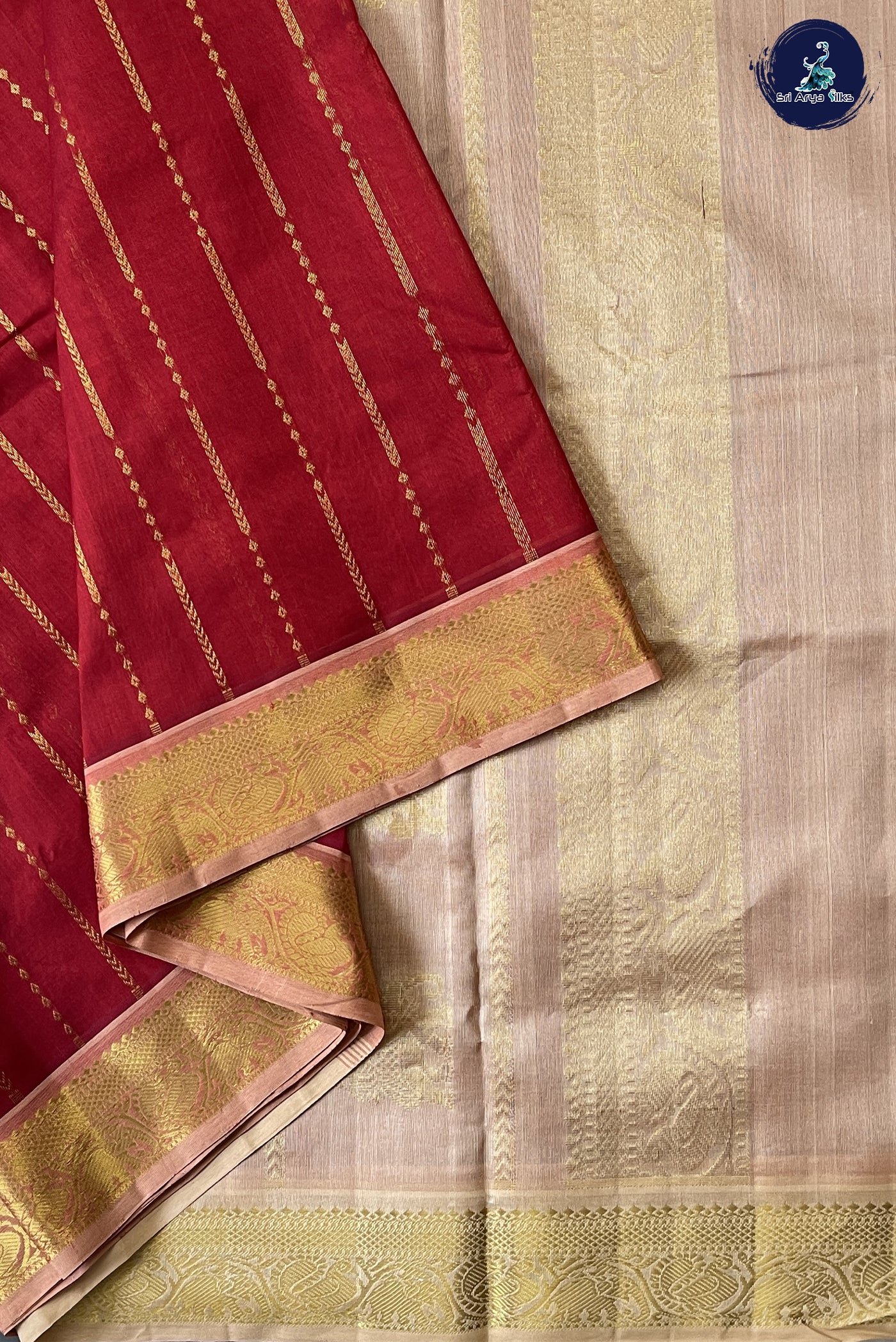 Red Madisar Silk Cotton Saree With Stripes Pattern