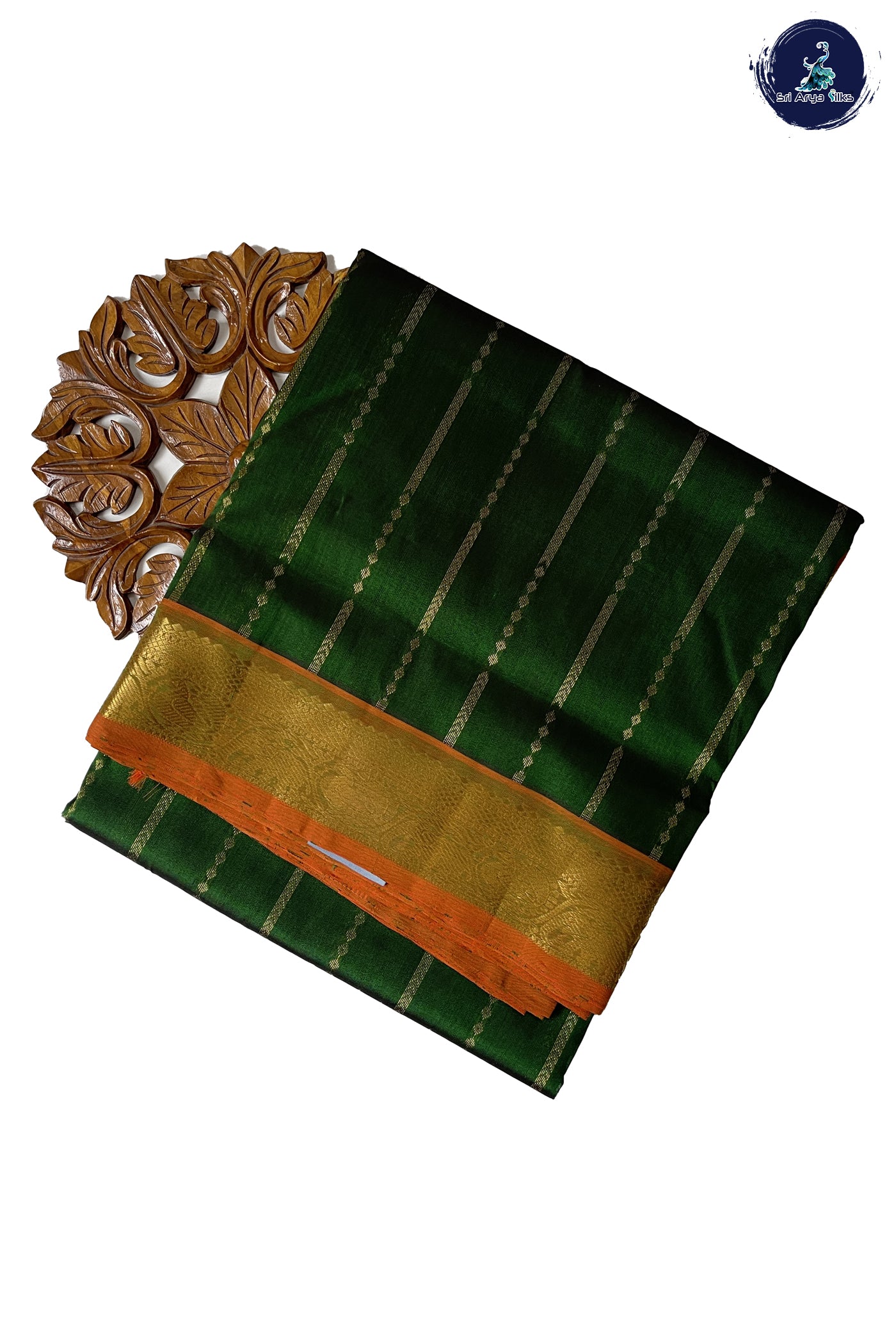 Dark Green Madisar Silk Cotton Saree With Stripes Pattern