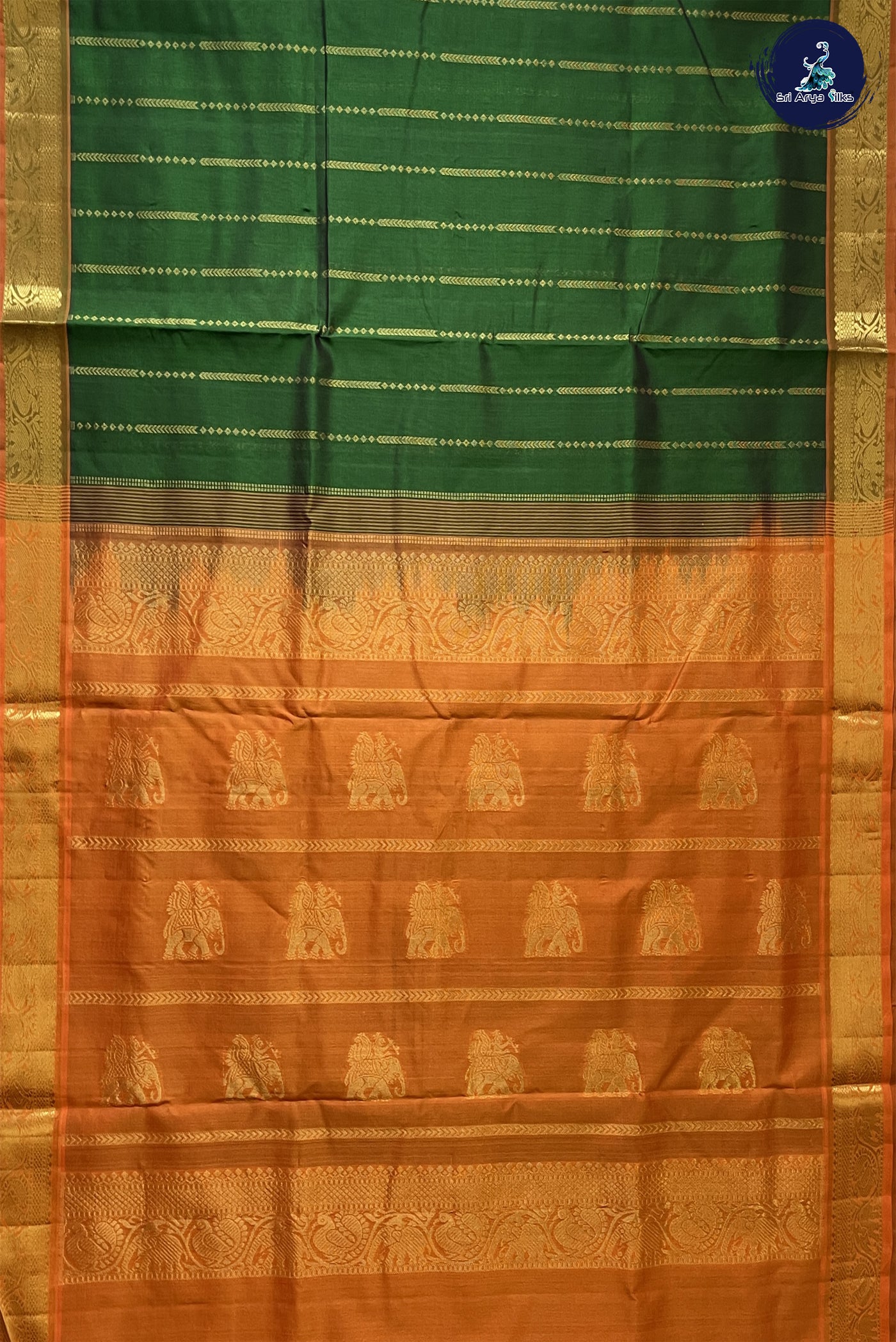 Dark Green Madisar Silk Cotton Saree With Stripes Pattern