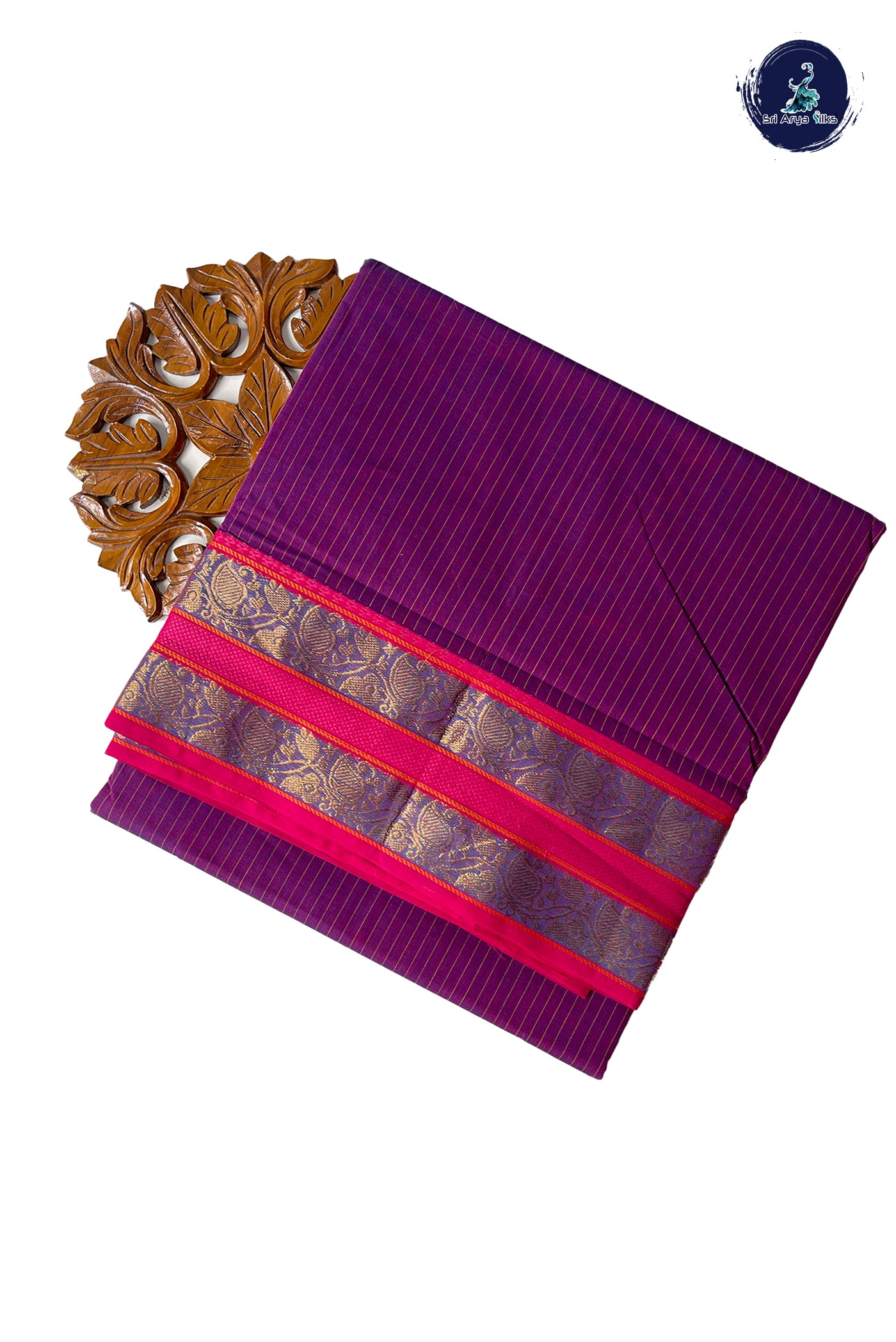 Dual Tone Purple 10 Yards Madisar Cotton Saree With Stripes Pattern