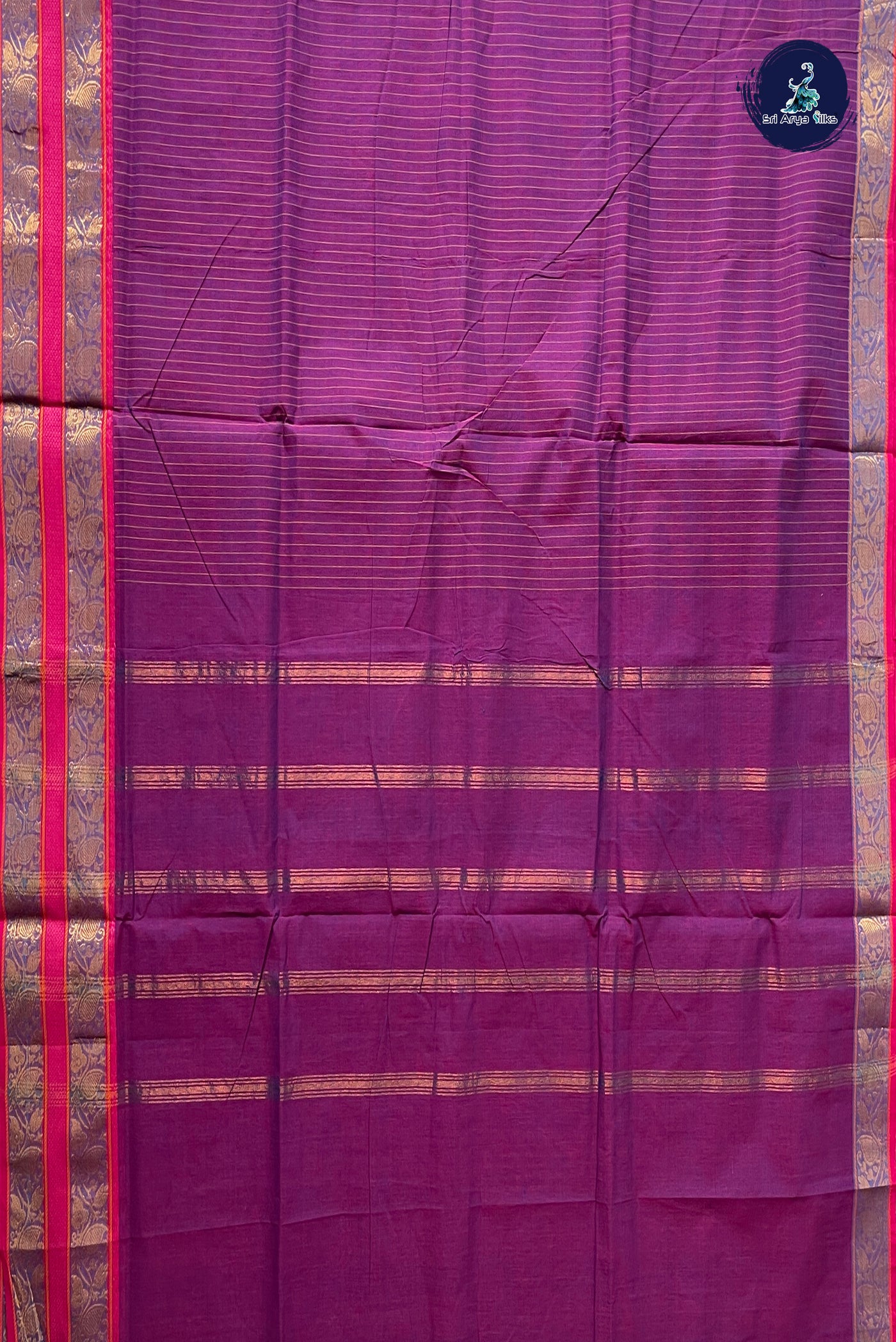 Dual Tone Purple 10 Yards Madisar Cotton Saree With Stripes Pattern