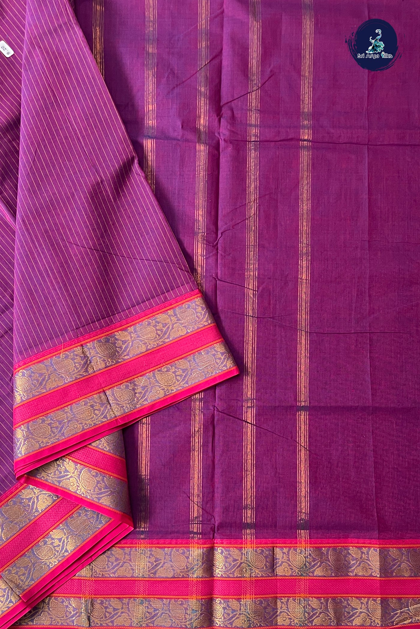 Dual Tone Purple 10 Yards Madisar Cotton Saree With Stripes Pattern