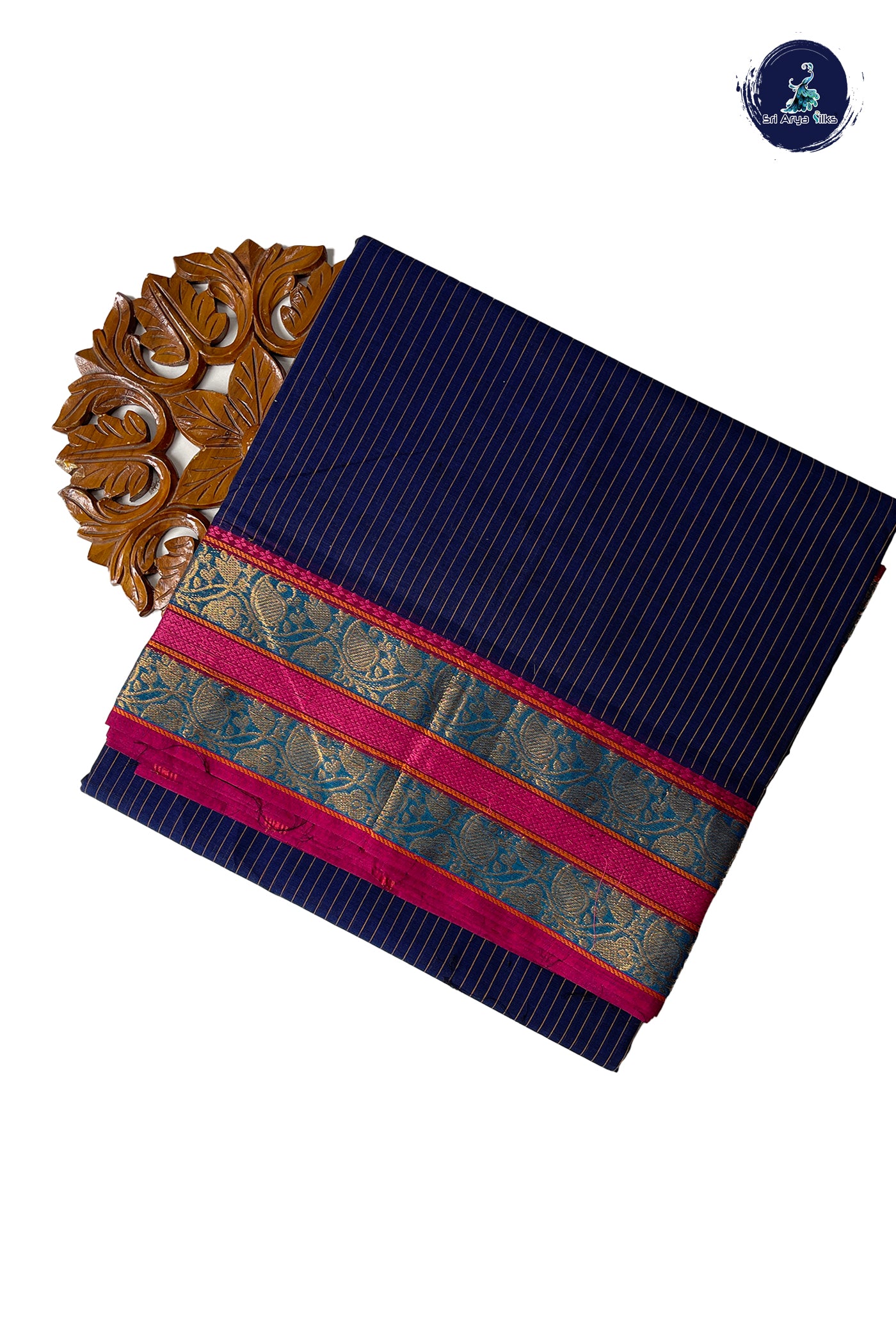 Dark Blue 10 Yards Madisar Cotton Saree With Stripes Pattern