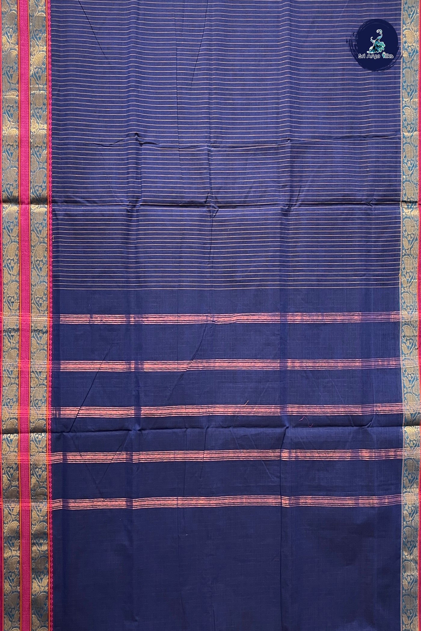 Dark Blue 10 Yards Madisar Cotton Saree With Stripes Pattern