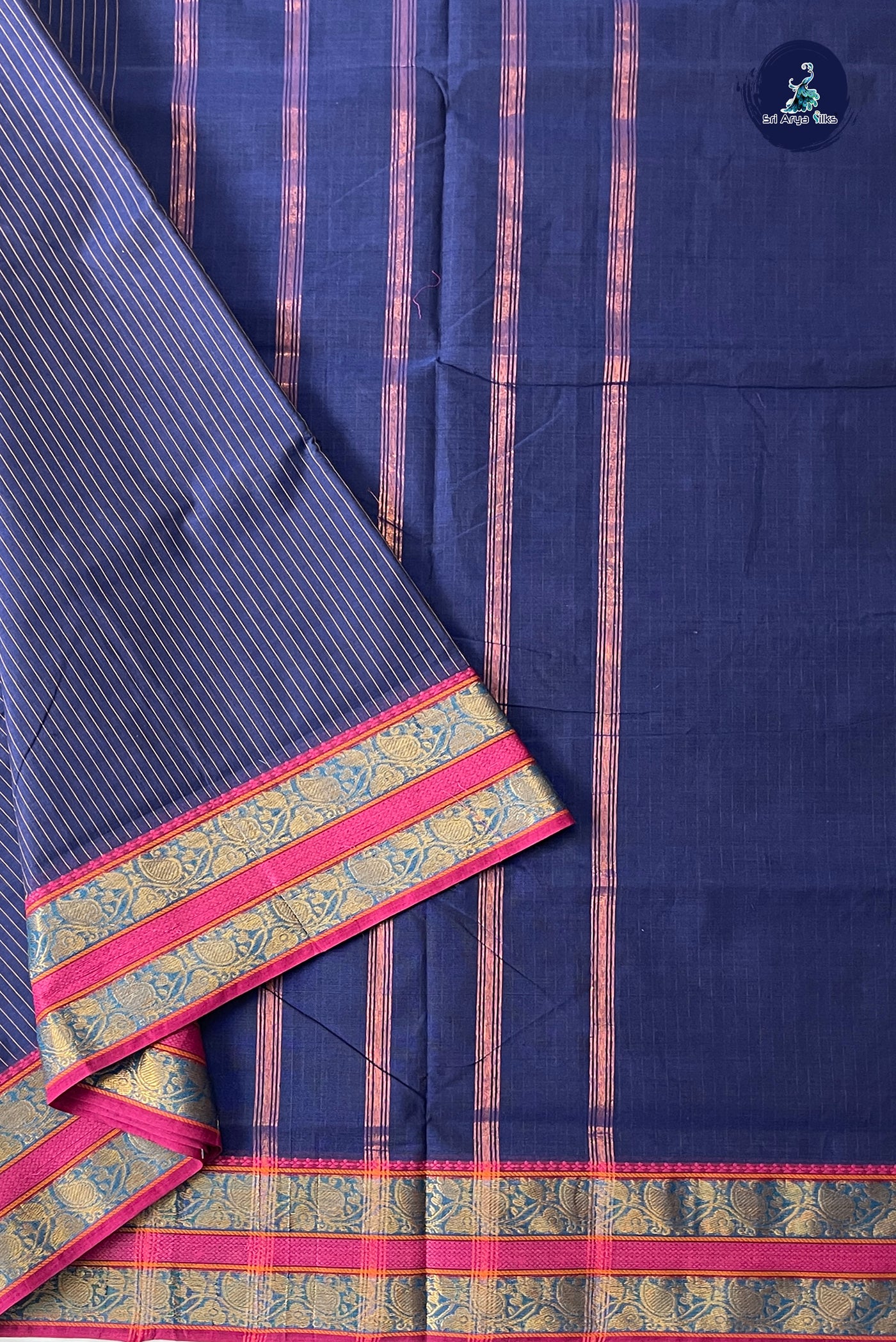 Dark Blue 10 Yards Madisar Cotton Saree With Stripes Pattern