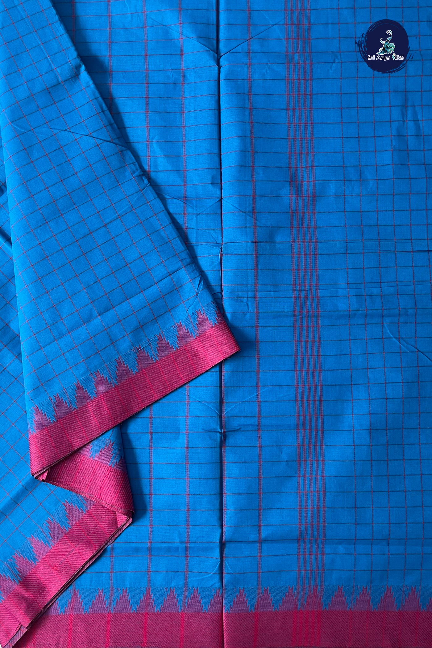 Copper Sulphate Blue 10 Yards Madisar Cotton Saree With Checked Pattern