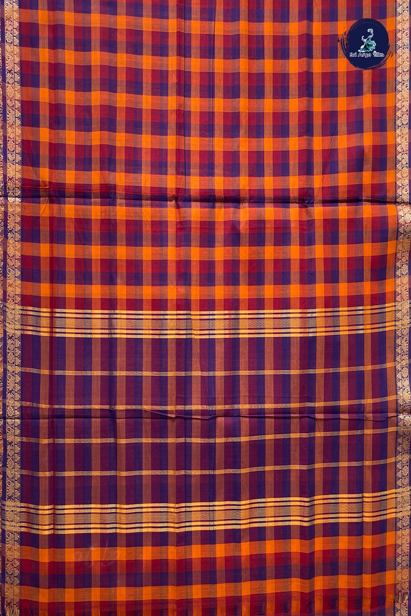 Multi Colour 10 Yards Madisar Cotton Saree With Checked Pattern