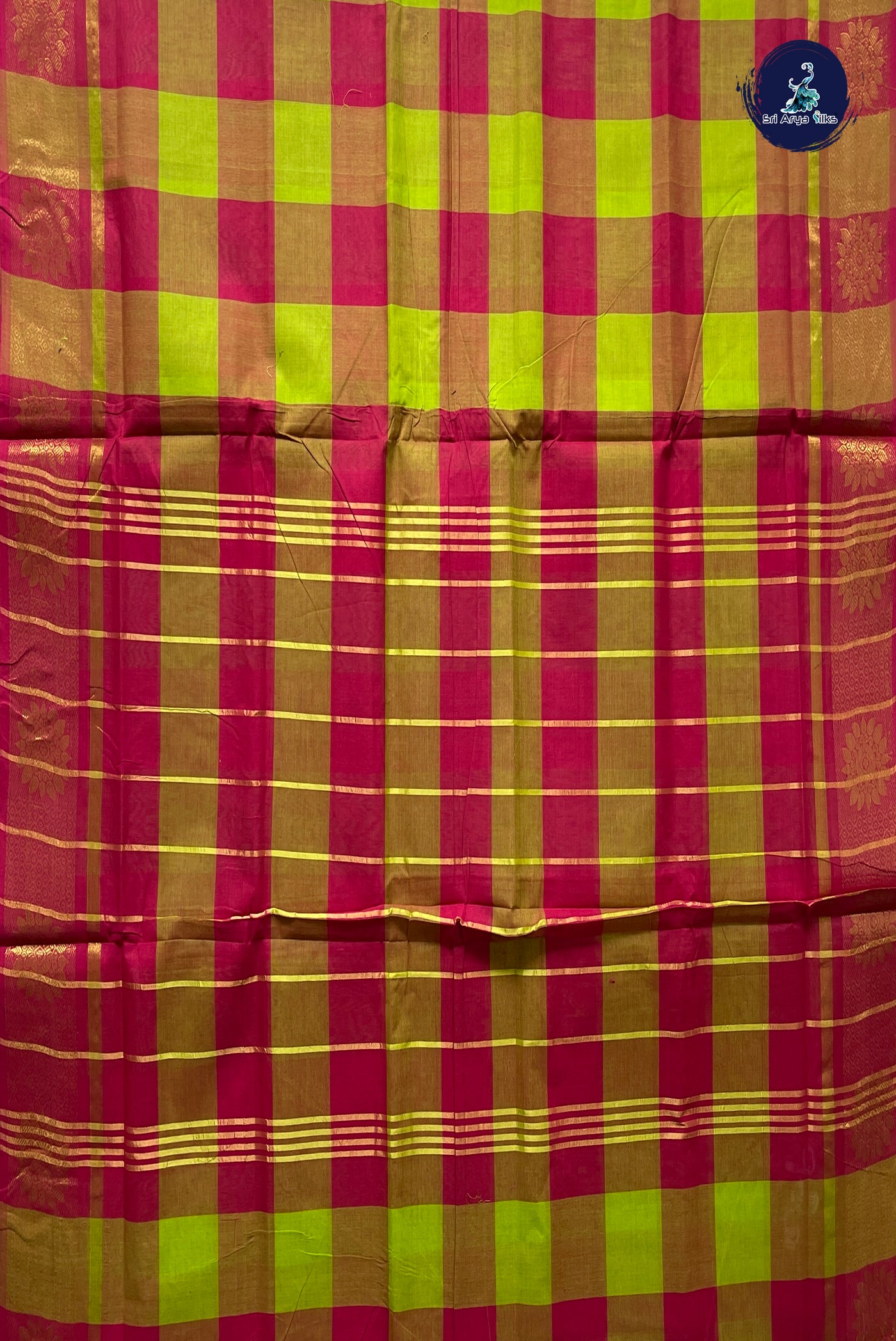 Multi Colour 10 Yards Madisar Cotton Saree With Checked Pattern