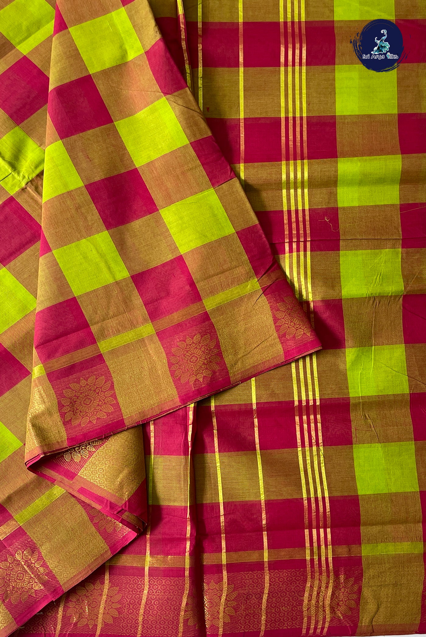 Multi Colour 10 Yards Madisar Cotton Saree With Checked Pattern