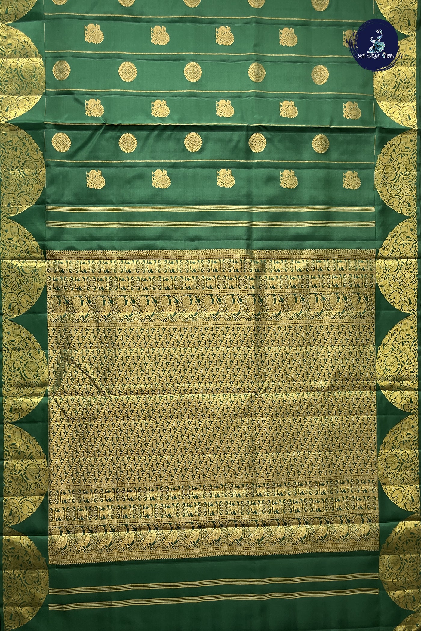 Bottle Green Madisar 10 Yards Silk Saree With Zari Buttas Pattern