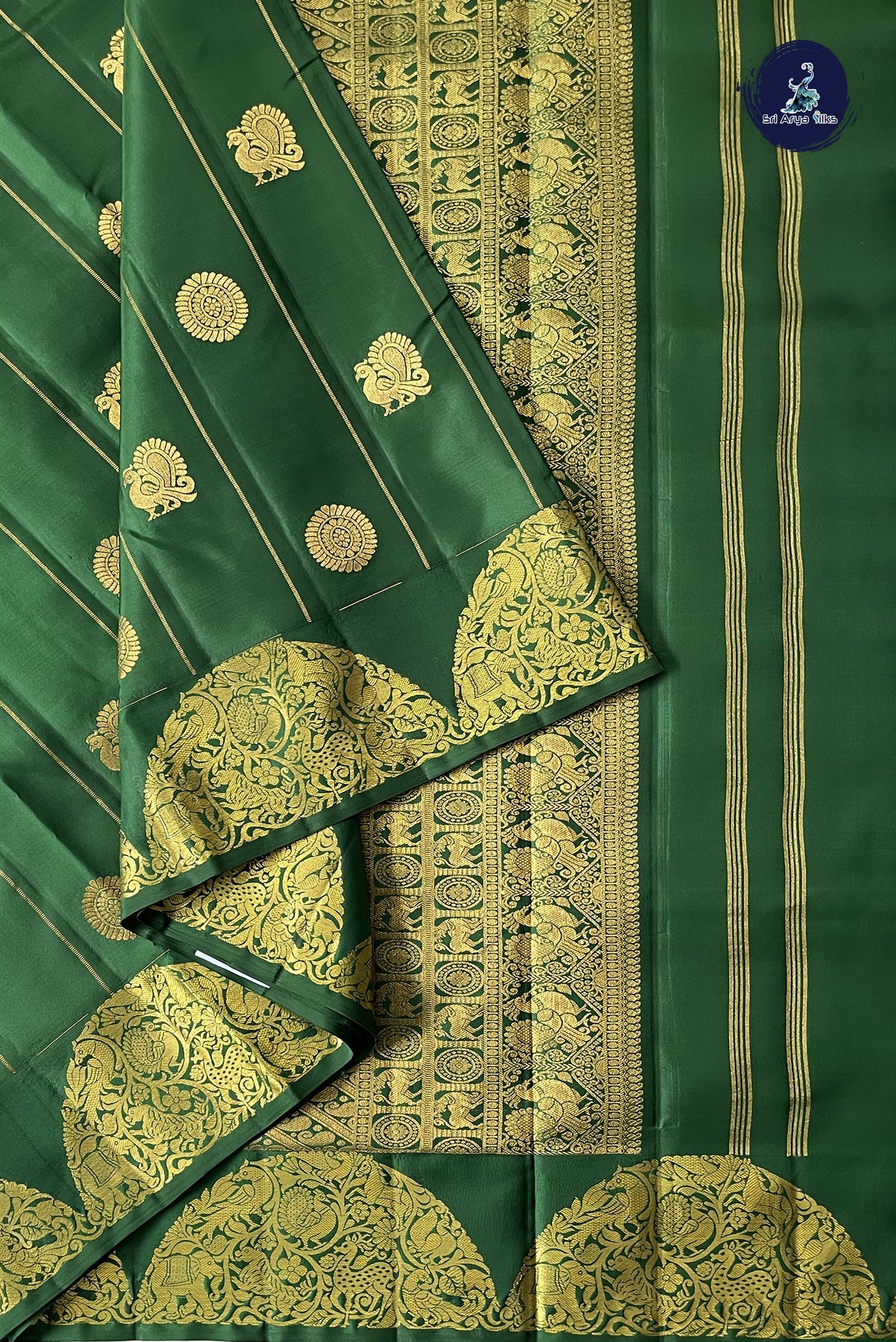 Bottle Green Madisar 10 Yards Silk Saree With Zari Buttas Pattern