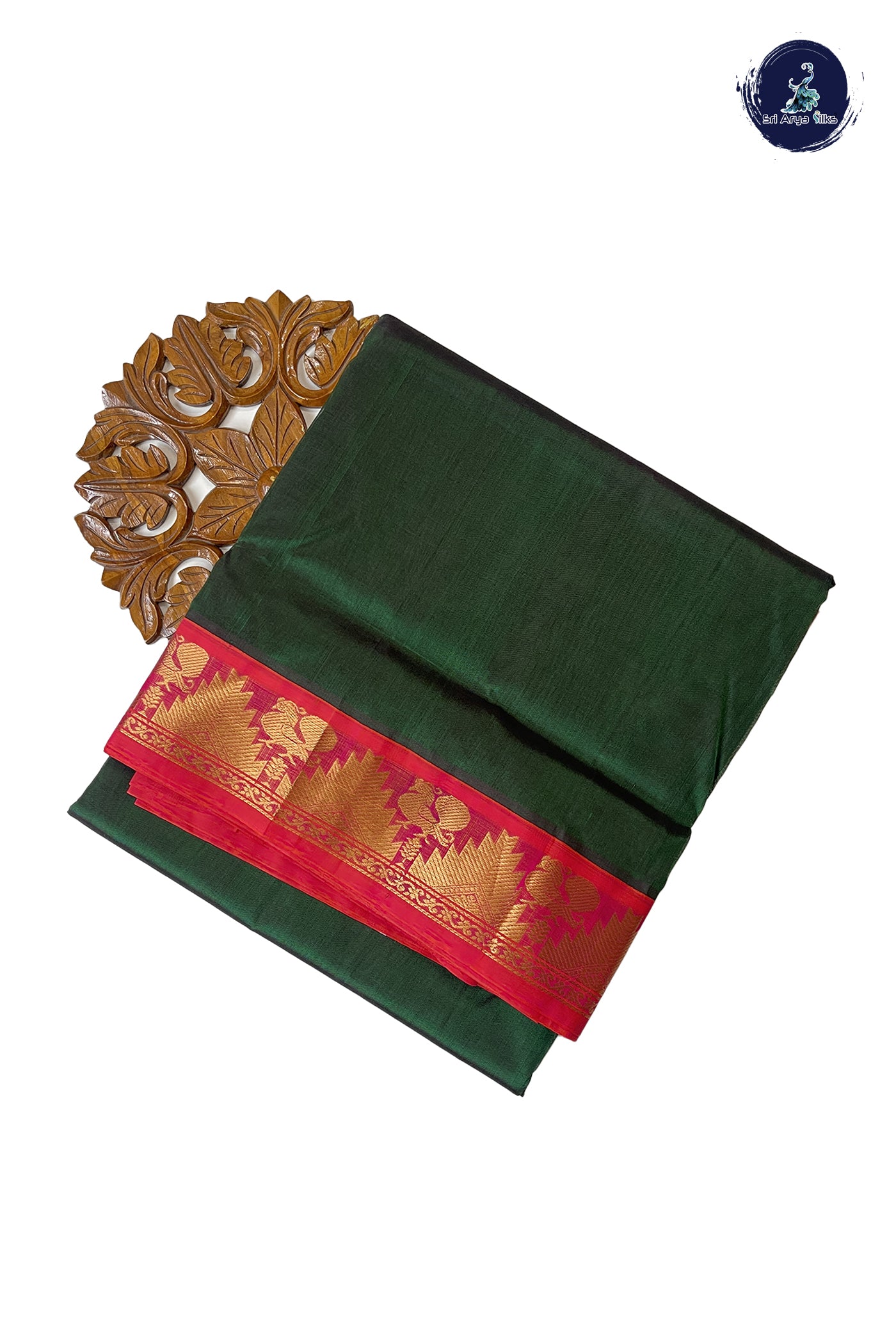 Bottle Green 10 Yards Silk Cotton Saree With Plain Pattern