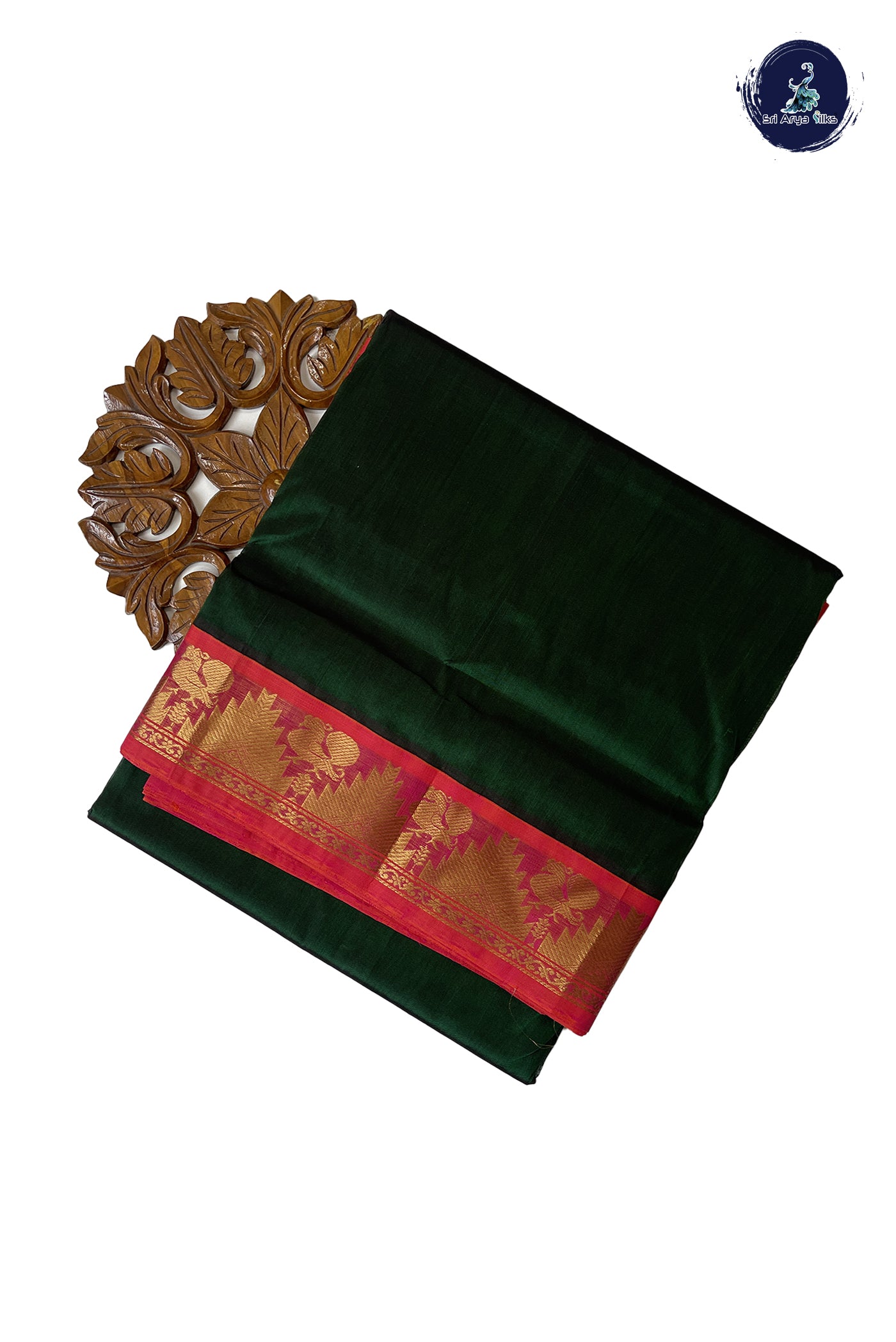 Bottle Green 10 Yards Silk Cotton Saree With Plain Pattern