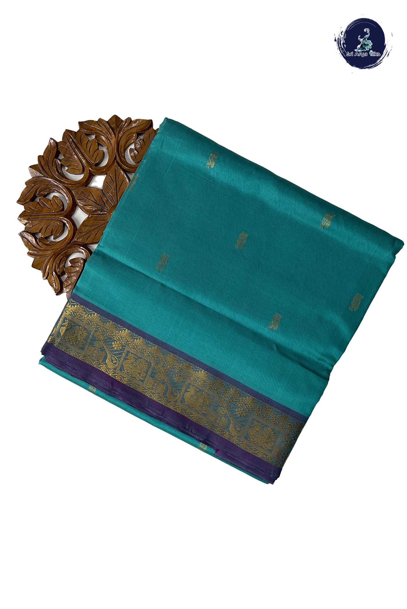 Teal 10 Yards Silk Cotton Saree With Zari Buttas Pattern