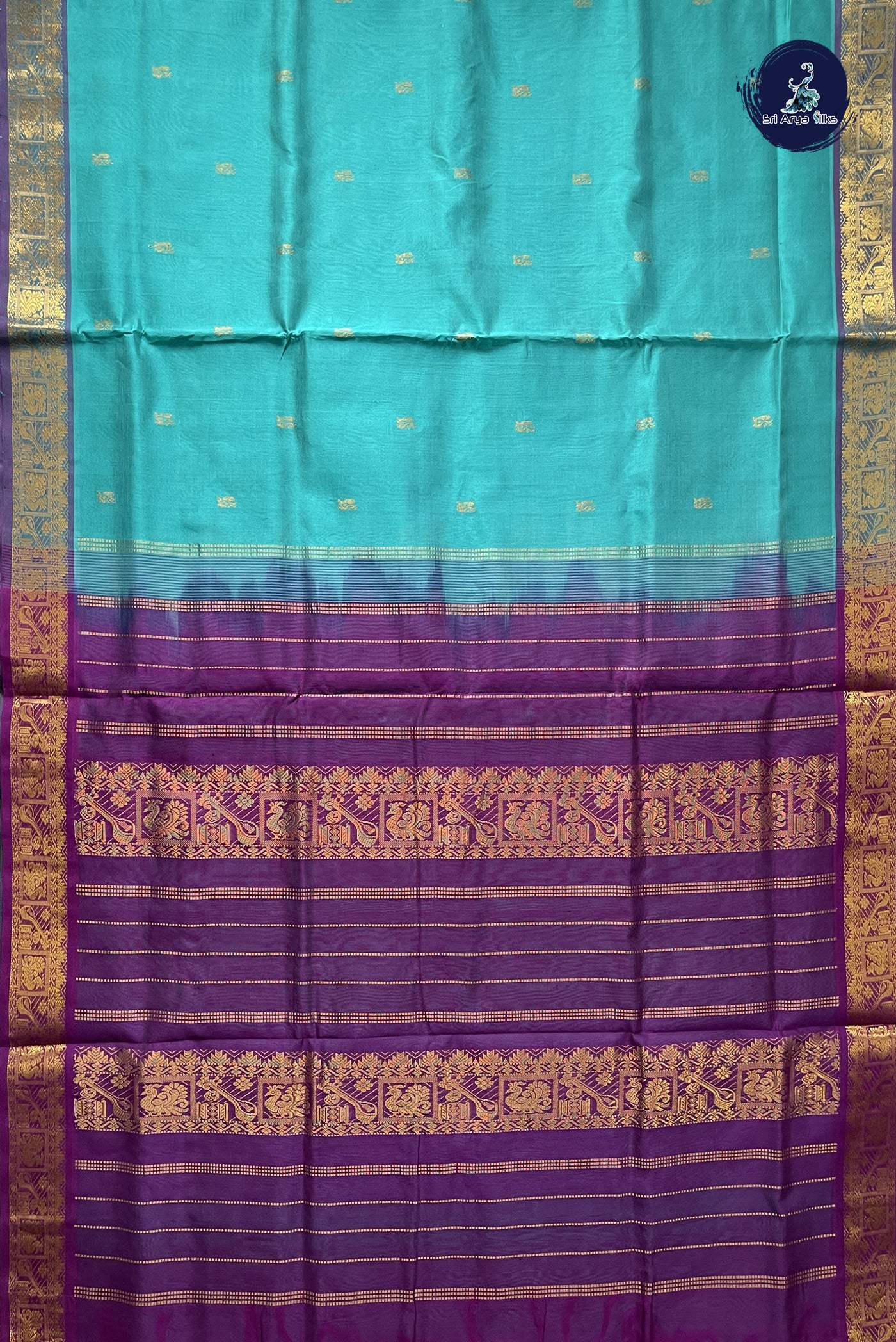 Teal 10 Yards Silk Cotton Saree With Zari Buttas Pattern