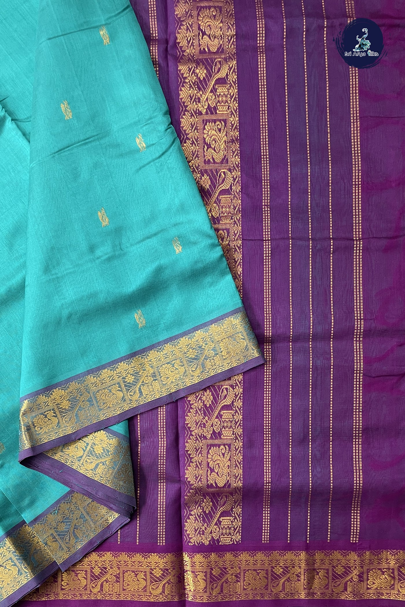 Teal 10 Yards Silk Cotton Saree With Zari Buttas Pattern