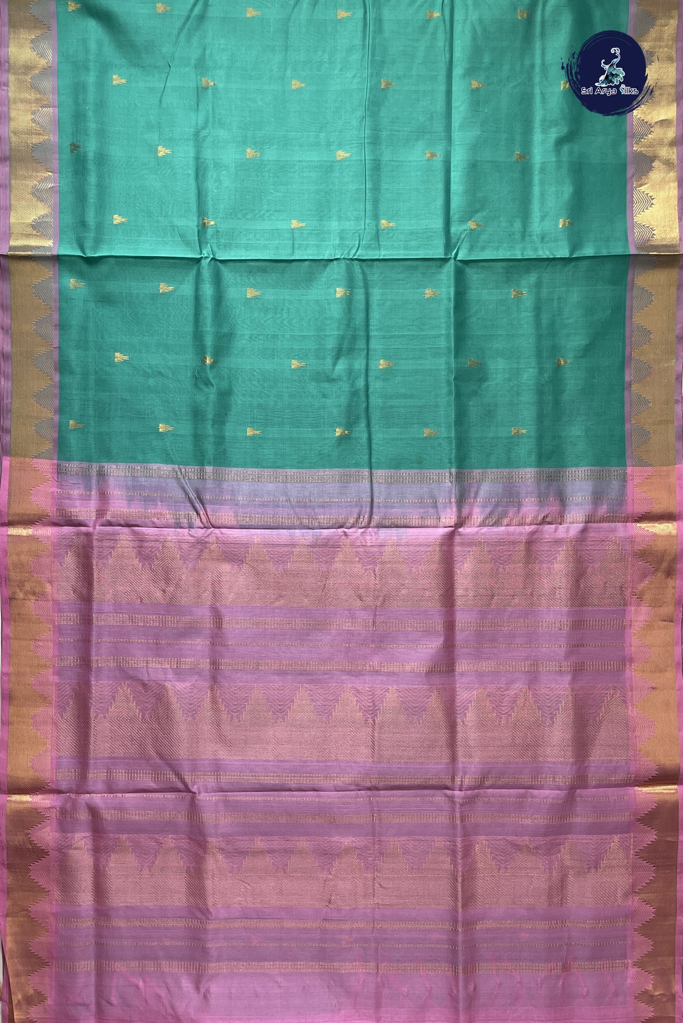 Sea Green 10 Yards Silk Cotton Saree With Zari Buttas Pattern