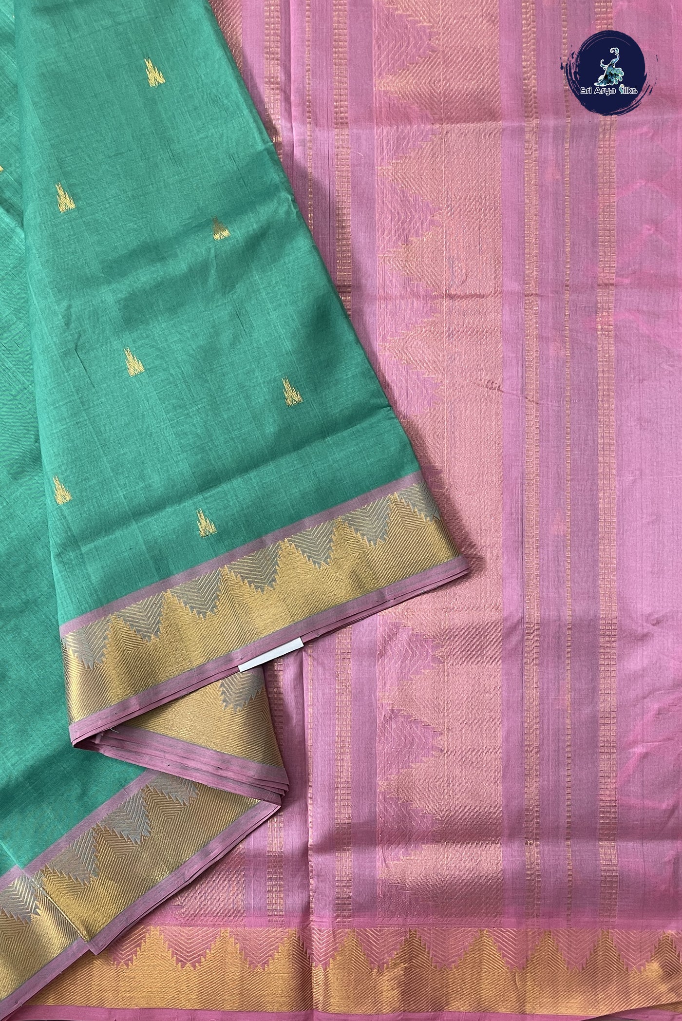 Sea Green 10 Yards Silk Cotton Saree With Zari Buttas Pattern