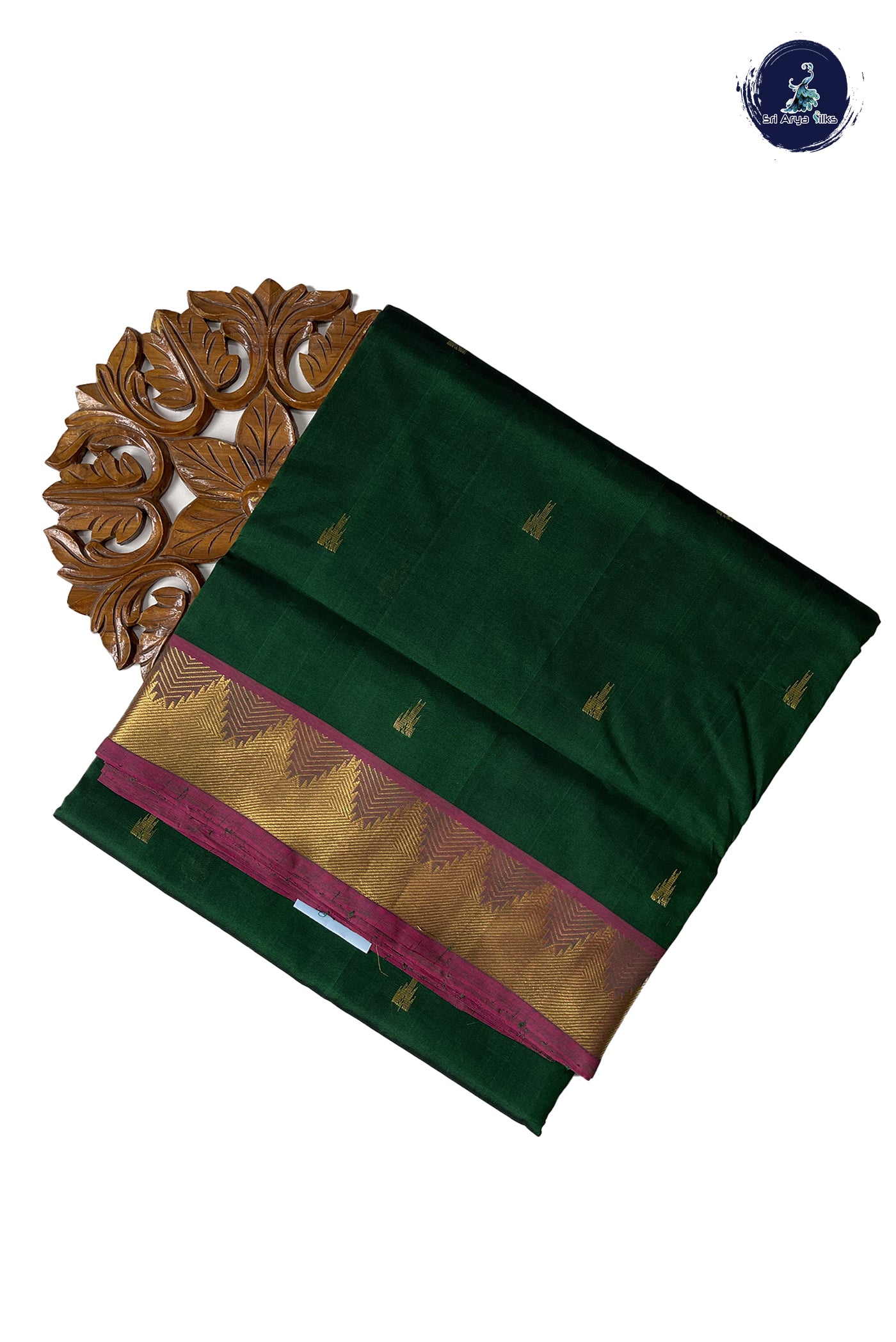 Dark Green 10 Yards Silk Cotton Saree With Zari Buttas Pattern