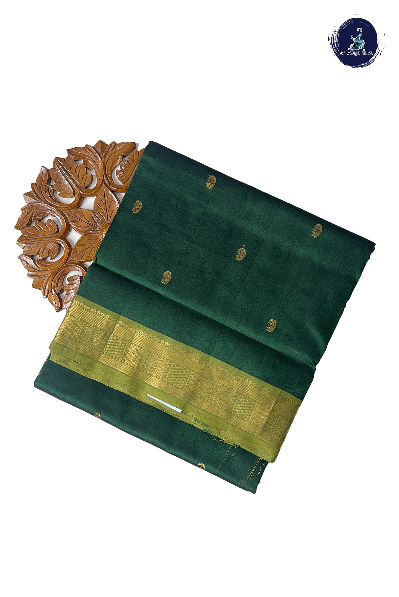 Dark Green 10 Yards Silk Cotton Saree With Zari Buttas Pattern