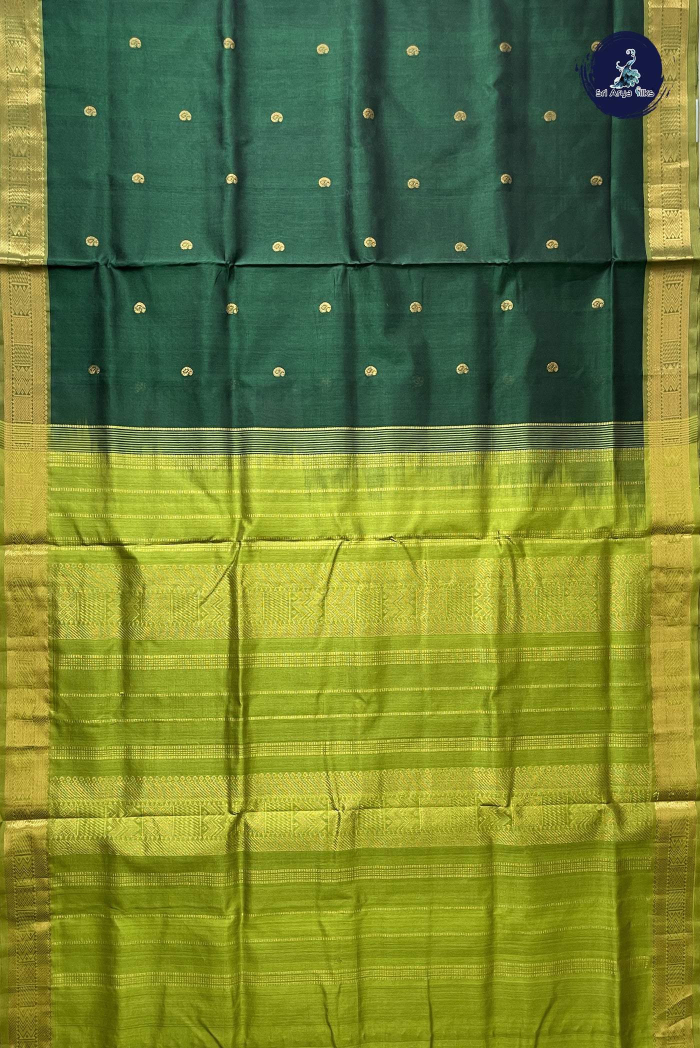 Dark Green 10 Yards Silk Cotton Saree With Zari Buttas Pattern