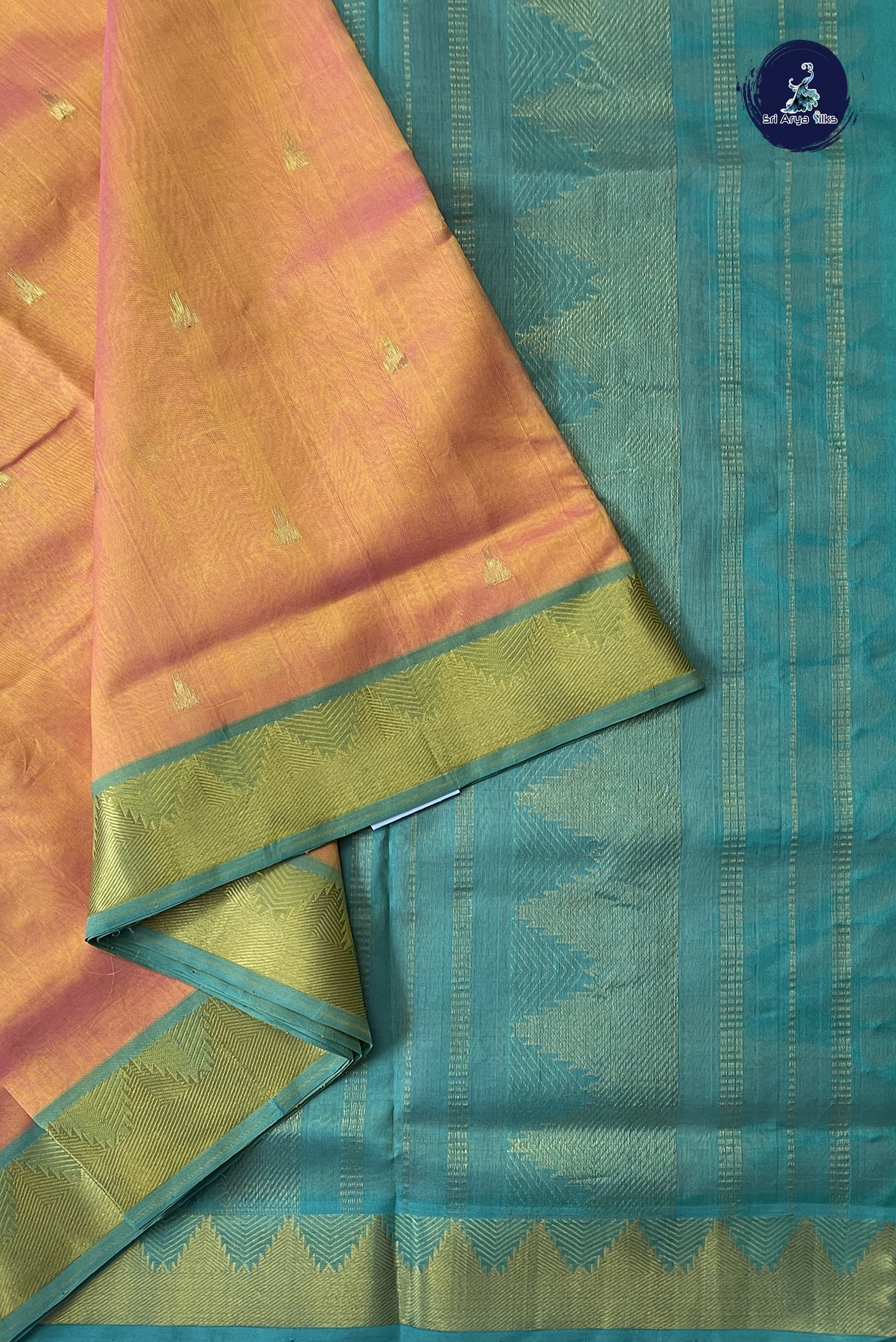 Peach 10 Yards Silk Cotton Saree With Zari Buttas Pattern