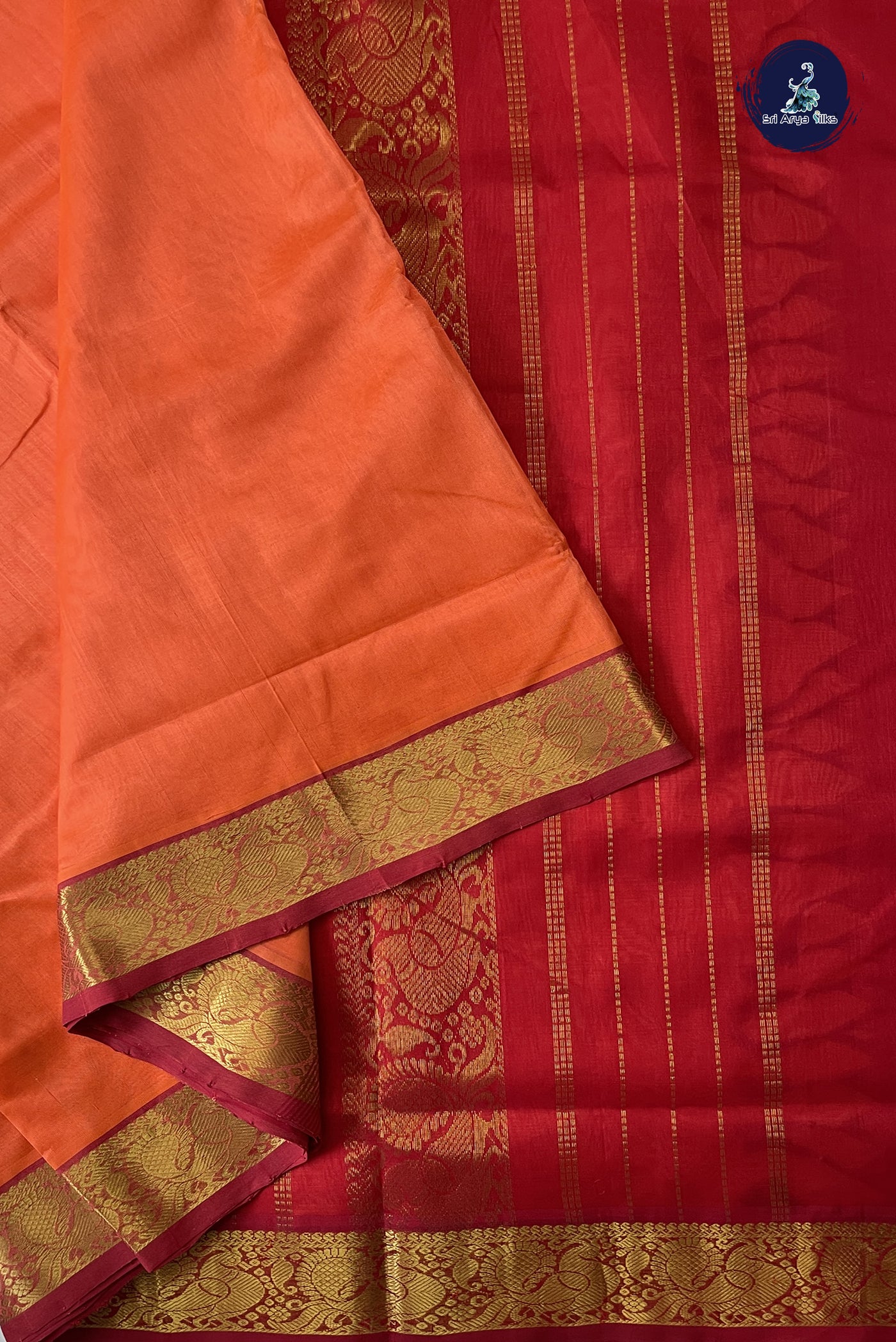 Orange 10 Yards Silk Cotton Saree With Plain Pattern